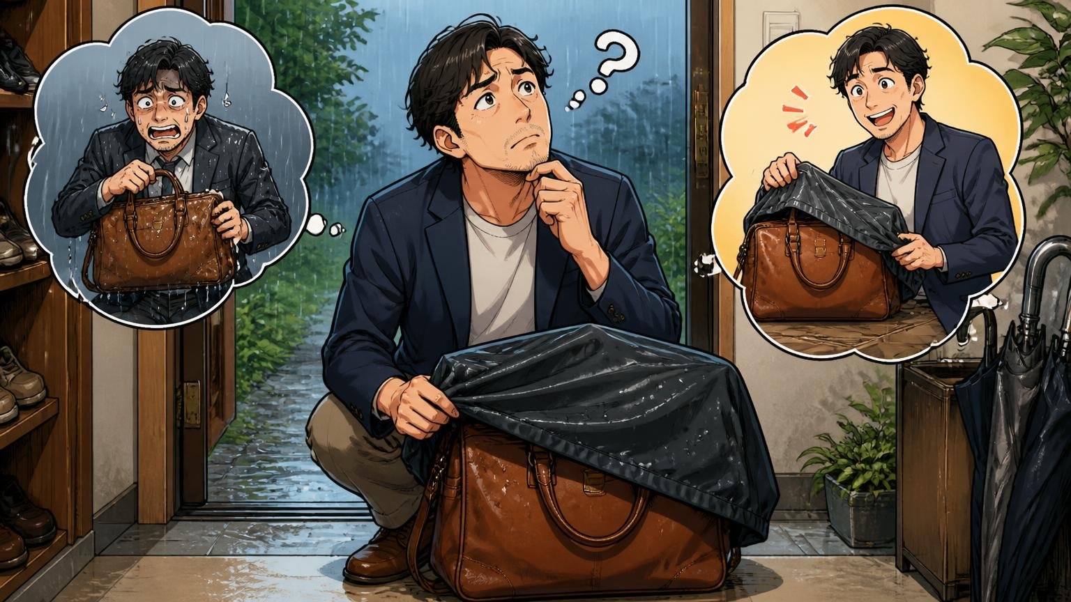 ヘルツが向いている人・向いていない人 雨の日の玄関で革バッグにカバーをかける場面、40代男性1人が空を見上げて迷う