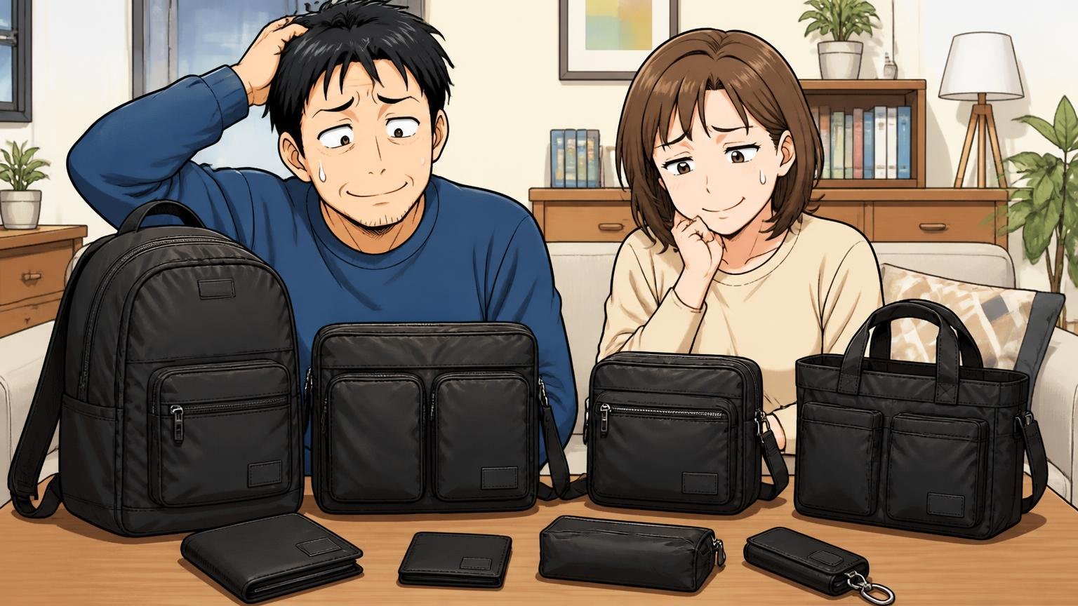 気になる評判:「全身ポーター」「価格の割に」という声も|自宅のリビングで財布と小物とバッグを並べる場面、夫婦2人が苦笑いする