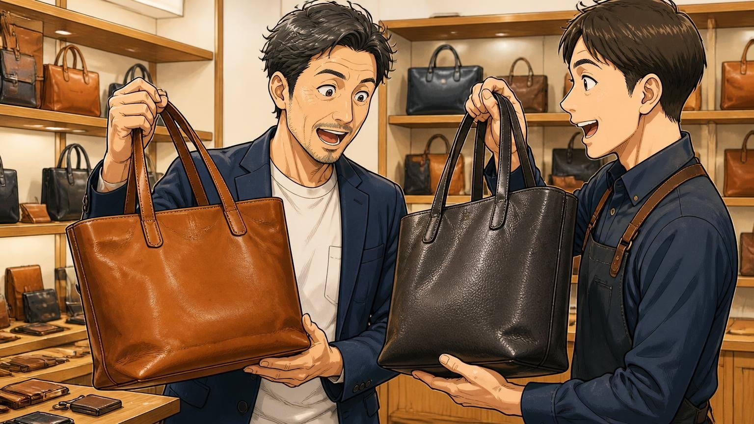 直営店で「重さ」と「革の表情」を実物で確かめる、直営店で店員と40代男性客の2人が革トートを持ち比べる場面