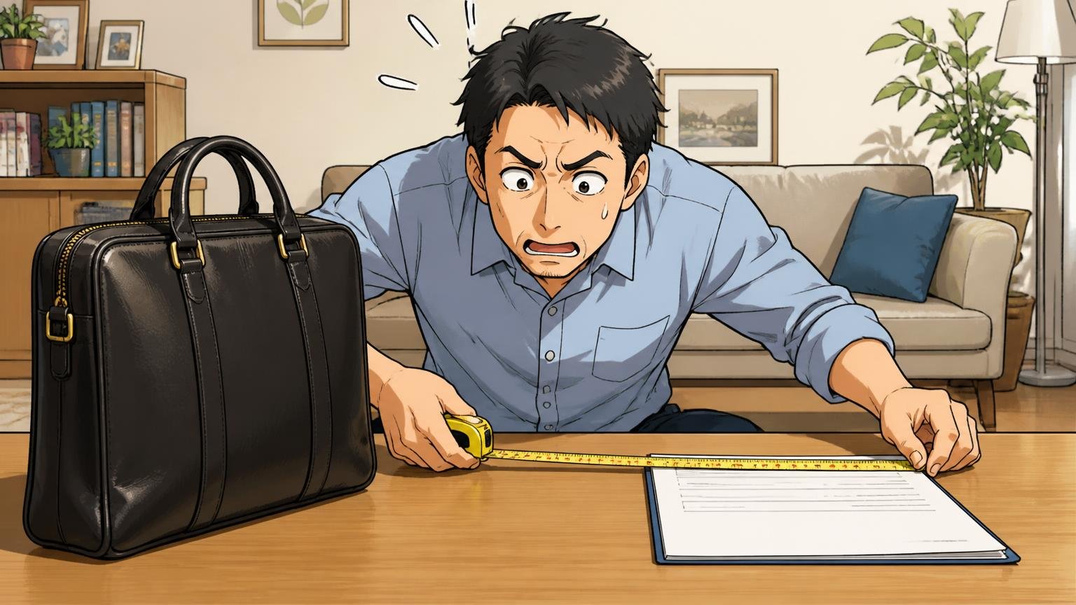 通勤の荷物が入るかは「外寸より3〜5cm小さい」で考える 自宅のリビングでメジャーを手に革鞄とA4書類を並べて測る40代男性の場面