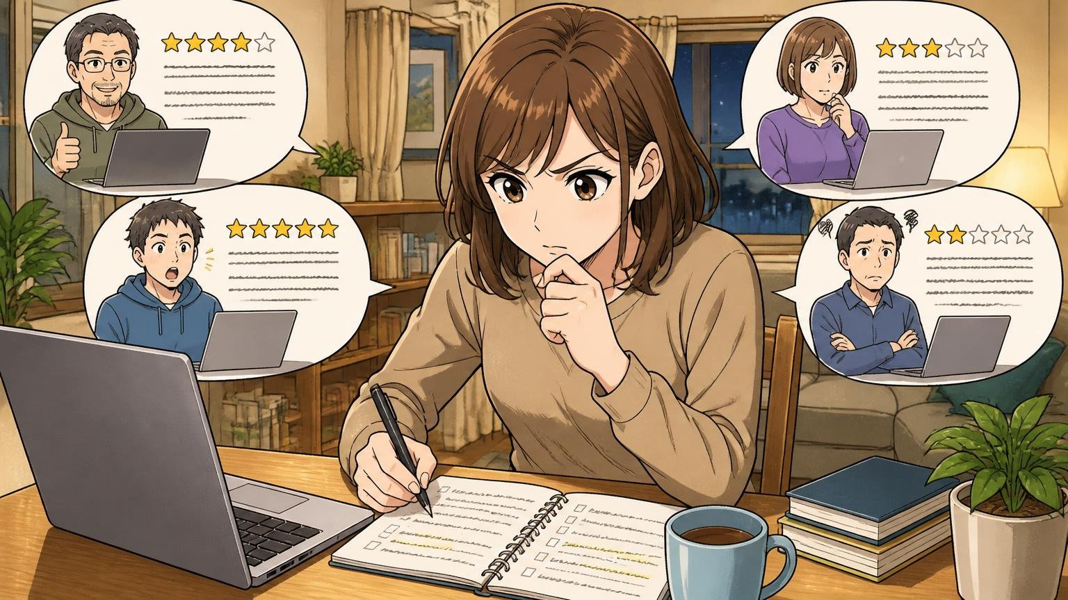 「何年、どう使った人の声か」を必ず見る。夜の自宅リビングでノートPCの口コミを読み比べる30代女性1人が真剣にメモを取る場面