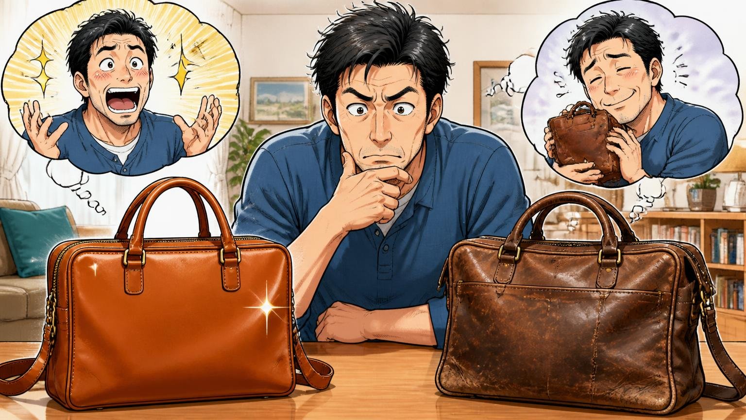 「何年使った人の声か」で評価は逆転する、自宅で新品と数年使った革バッグを並べて比べる40代男性1人
