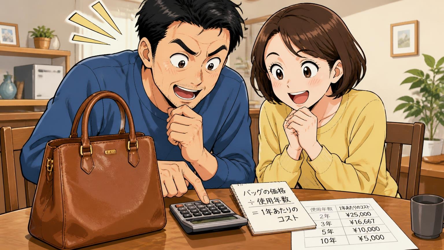「価格に見合う」と感じる人、感じない人の分かれ目 自宅のダイニングで電卓をたたきながら革バッグの値段と使用年数を計算し、うなずく夫婦2人