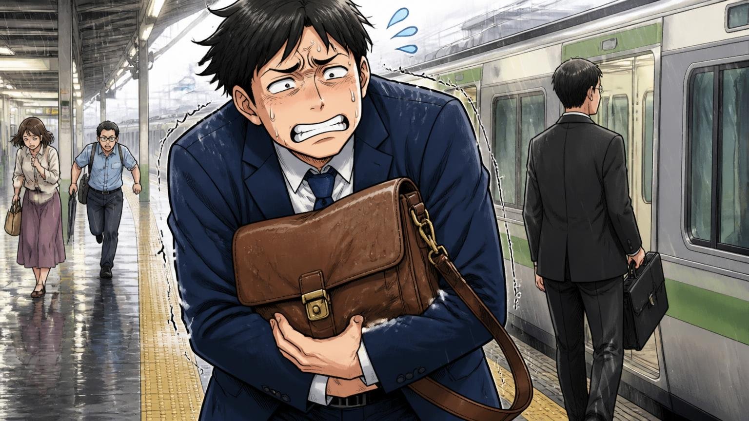 向いていない人:軽さ最優先、手入れをしたくない、汗や色移りが気になる人、雨の日の駅のホームで重い革バッグを抱えて困る男性1人の場面