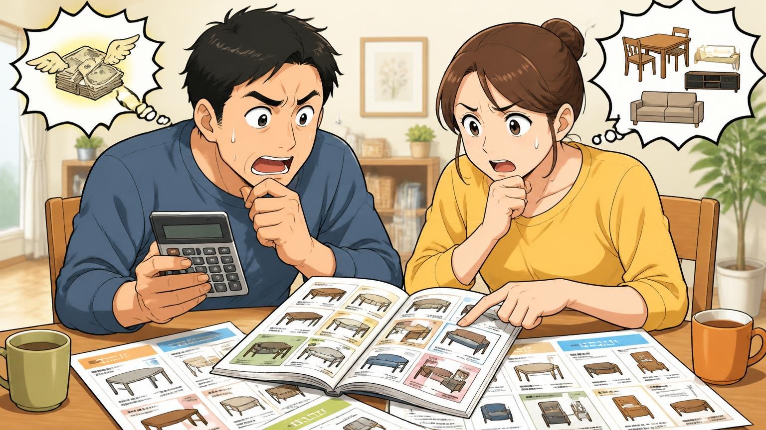 「価格が高い」の声と、2万円台から29万円台まで広がる価格帯　自宅のダイニングで夫婦が電卓とカタログを前に価格を相談し合う場面
