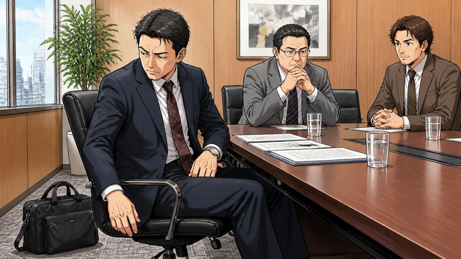 向いていない人は40代で革の落ち着きと格を出したい人。会議室の商談の席で取引先と向き合い、床に置いたナイロンバッグをちらりと気にする40代男性と取引先の3人