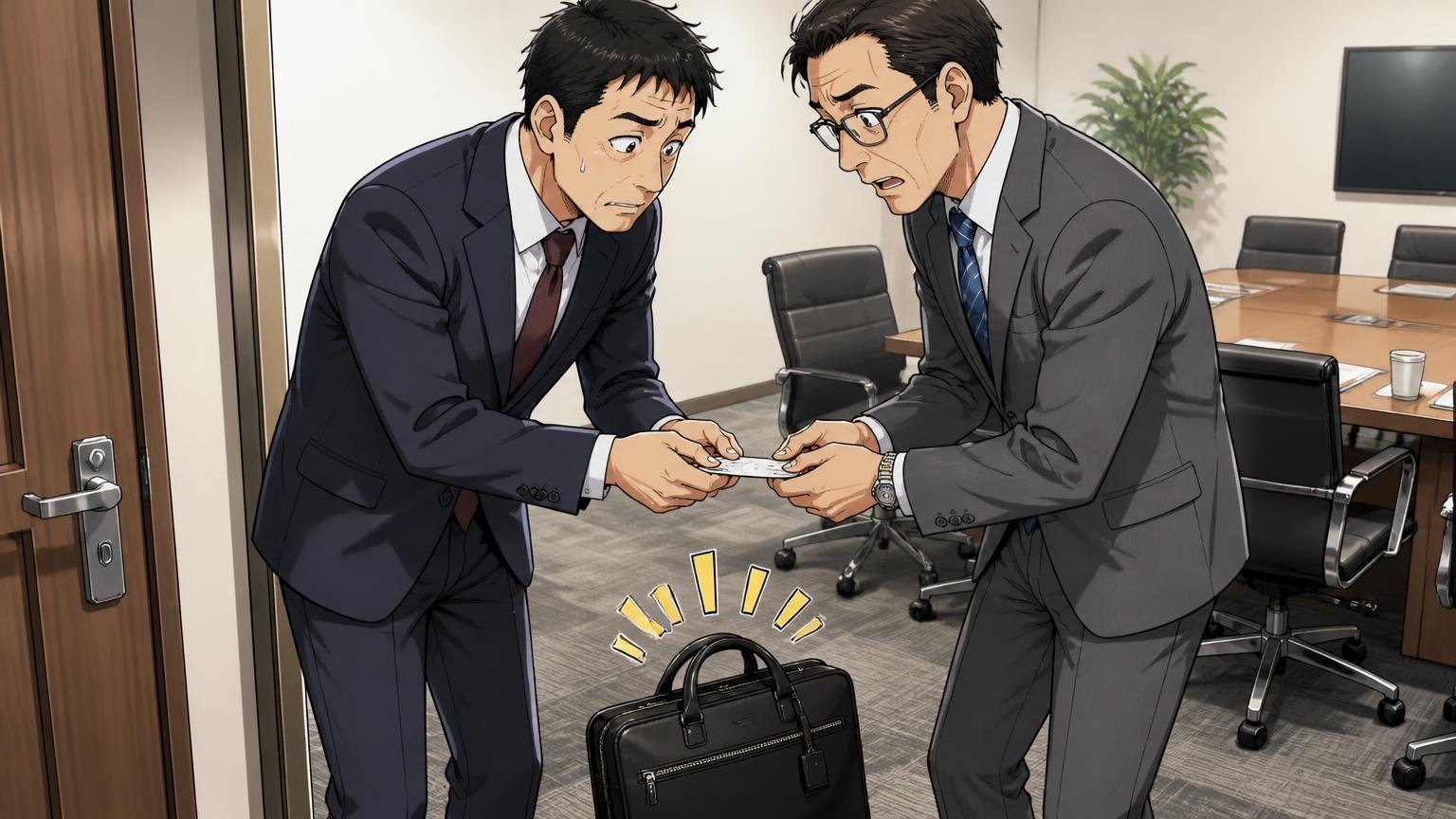 向いていない人:40代で仕事用に10年付き合える1本が欲しい人 オフィスの会議室で取引先と名刺交換する場面 40代男性2人がスーツ姿で足元のバッグに目をやる
