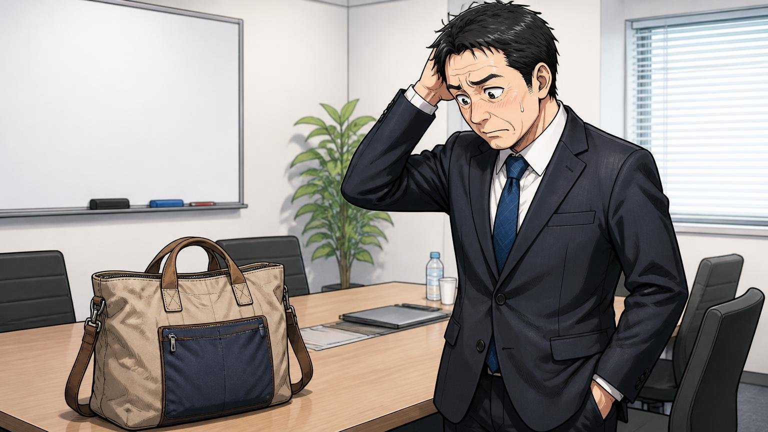 向いていない人 商談前の会議室でスーツ姿の会社員がカジュアルなバッグと自分の服装を見比べる場面 40代男性1人が気まずそうに頭をかく