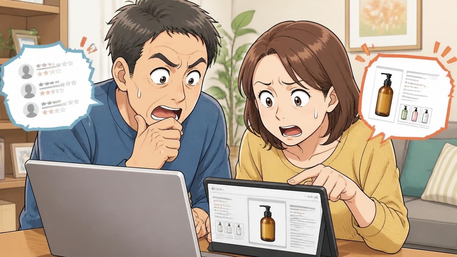 2018〜2020年の口コミと、今の商品は同じとは限らない|自宅のリビングで40代夫婦がノートPCで古い口コミと公式サイトを見比べる場面