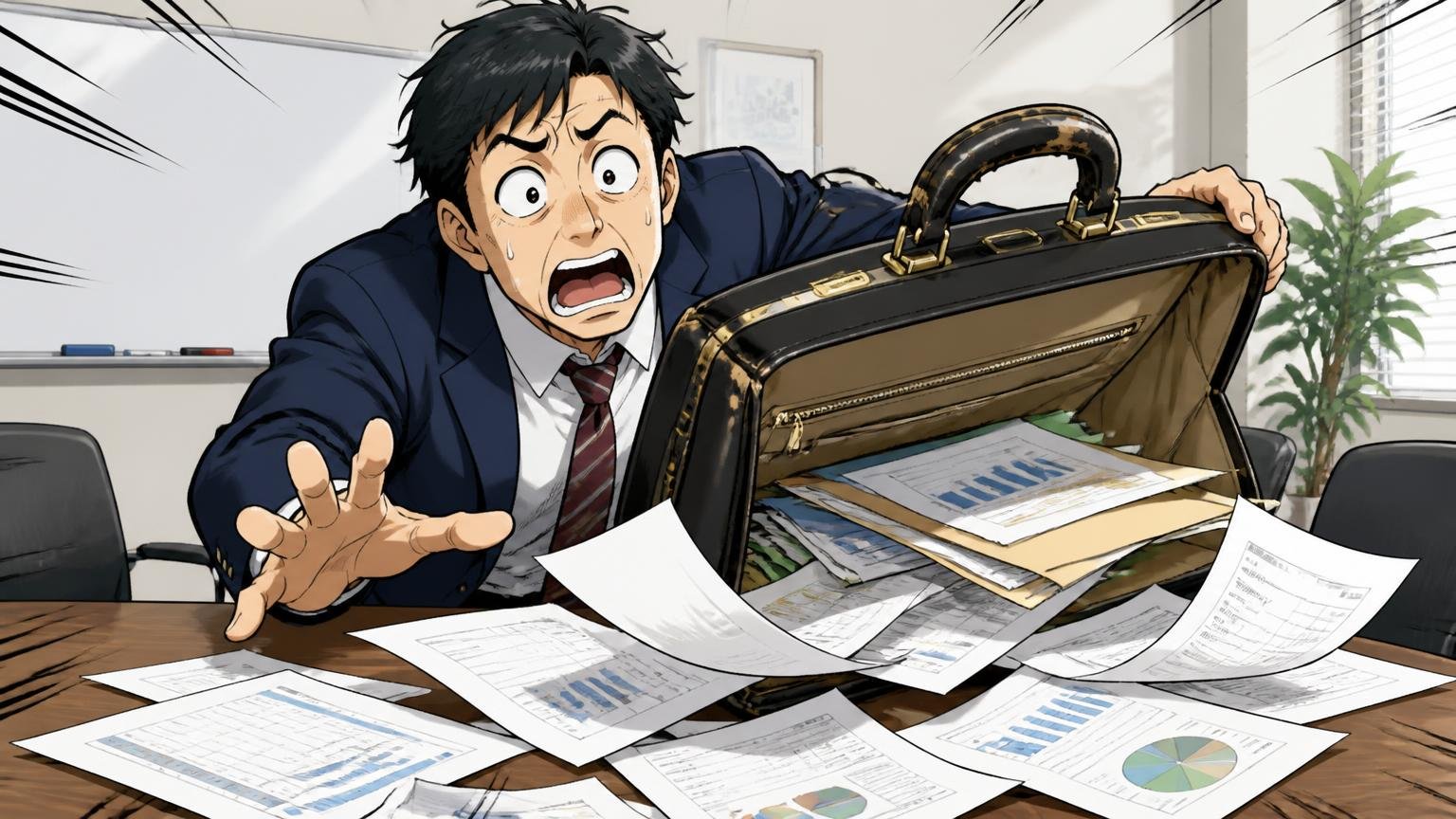 「大きく開きすぎる」「取っ手の塗装が剥げた」、オフィスの会議室で、全開になったダレス型バッグから書類がこぼれ、40代男性1人が慌てる場面