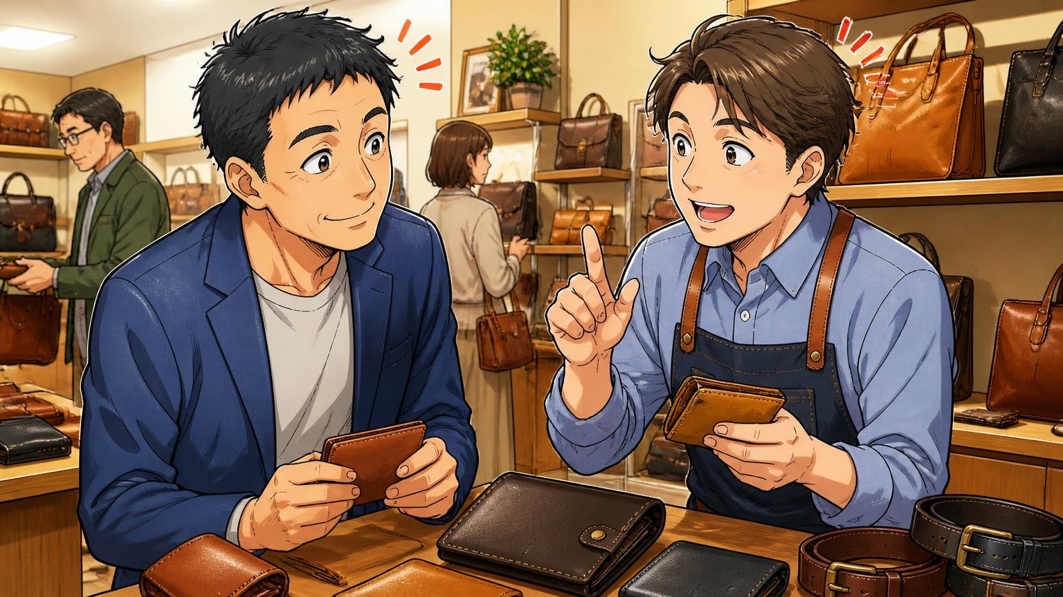 運営会社・直営5店舗・永年修理保証という一次情報 革製品店の売り場で店員から修理の説明を受ける40代男性客と店員の2人がうなずく場面