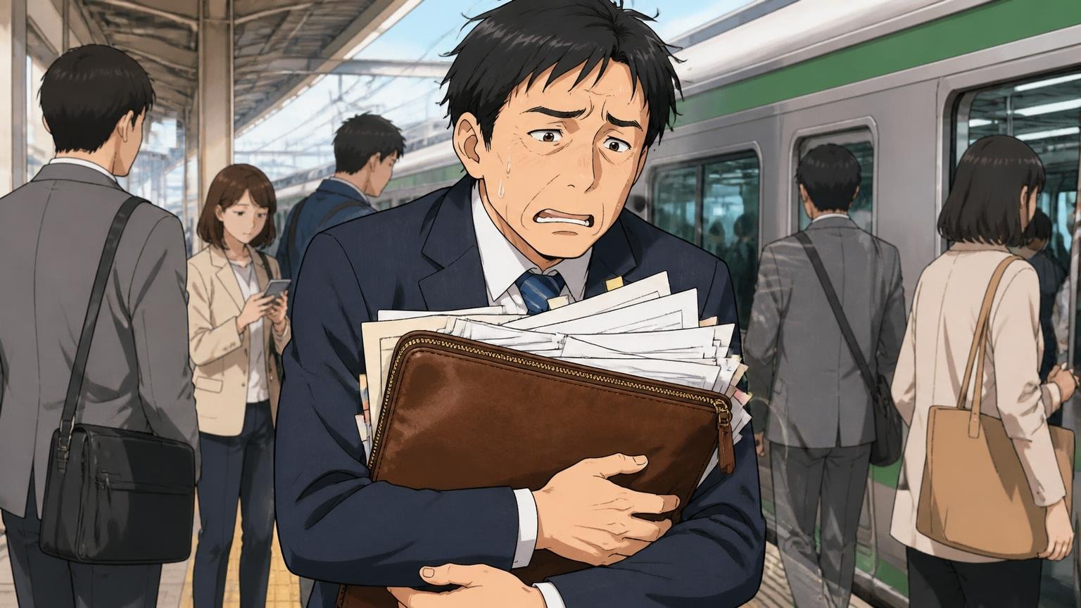 向いていない人｜毎日の仕事で使い、10年単位で本革を育てたい40代 朝の駅のホームで書類があふれるクラッチを抱える40代男性1人が困り顔