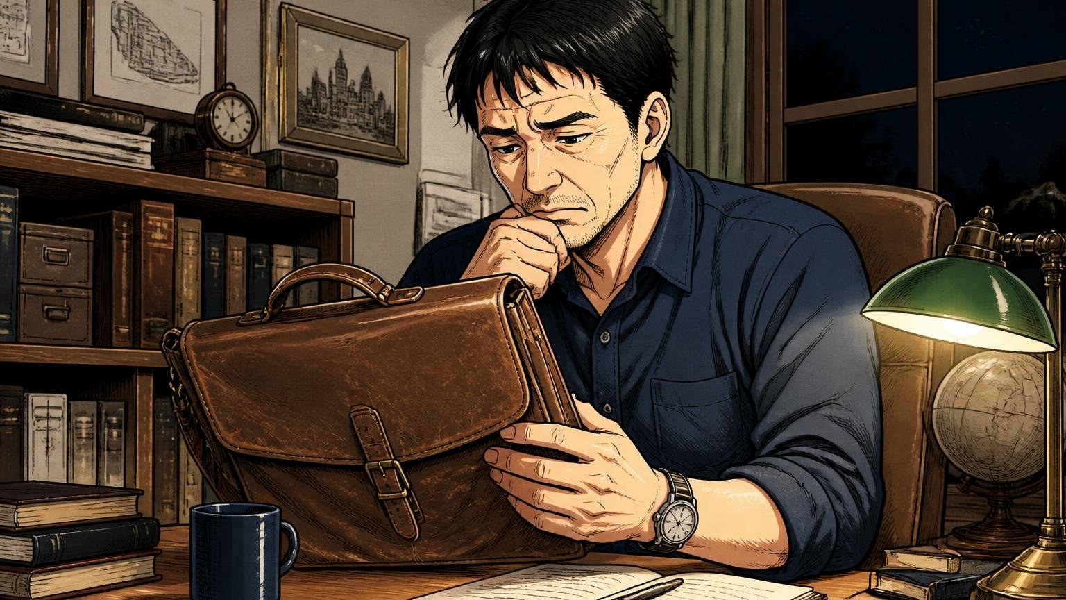 向いていない人：40代で本革・日本製・10年単位を求める人 夜の書斎で使い込んだ革の鞄を手に考え込む40代男性1人