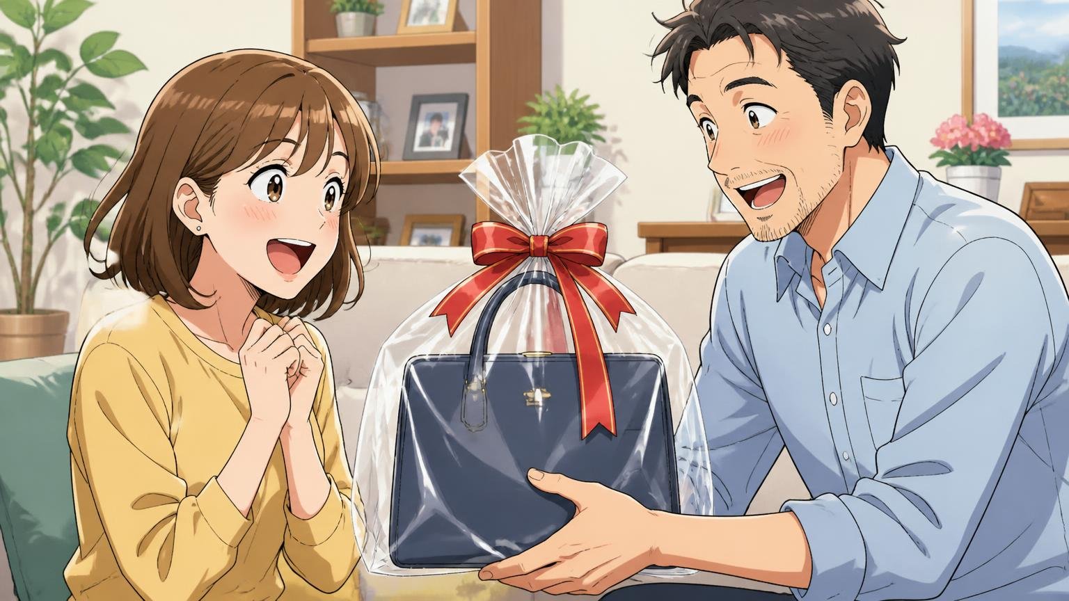 プレゼント直後の声と、自分で使い込んだ人の声は分けて読む 自宅のリビングでラッピングされたバッグを手渡す場面 30代女性と40代男性の2人が笑顔になる