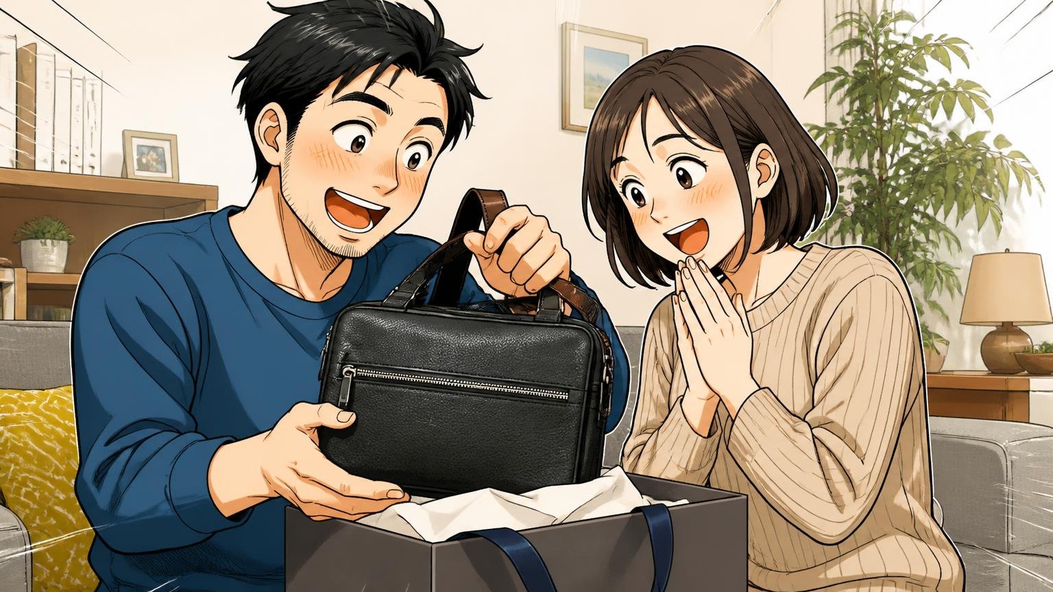 「彼女や妻からのプレゼント」で持ち始めた人も多い 自宅のリビングで妻から贈られた箱を開けてバッグを取り出し喜び合う夫婦2人