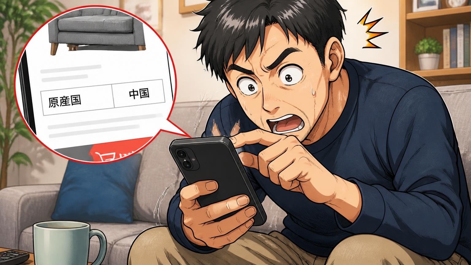 公式通販の原産国表示は「中国」が中心 自宅のソファでスマホの商品ページを拡大して原産国の欄を確かめる40代男性1人