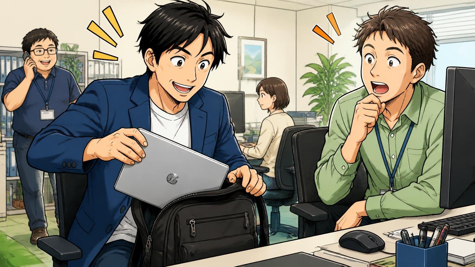 職業・シーンは「カジュアル寄りの職場」「PC通勤」「外回り・出張」、オフィスのデスク脇にリュックを置きノートパソコンを取り出す30代社員と同僚の場面