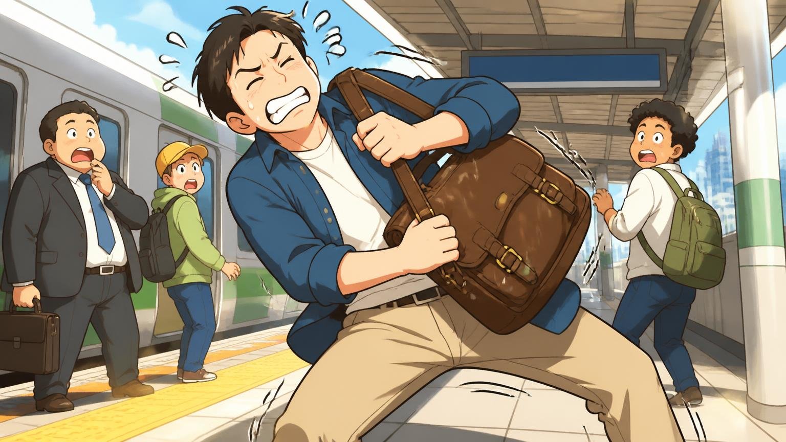 「重い」「入らない」「色が違う」で使わなくなる 駅のホームで重い革バッグを肩にかけた男性1人がよろける場面