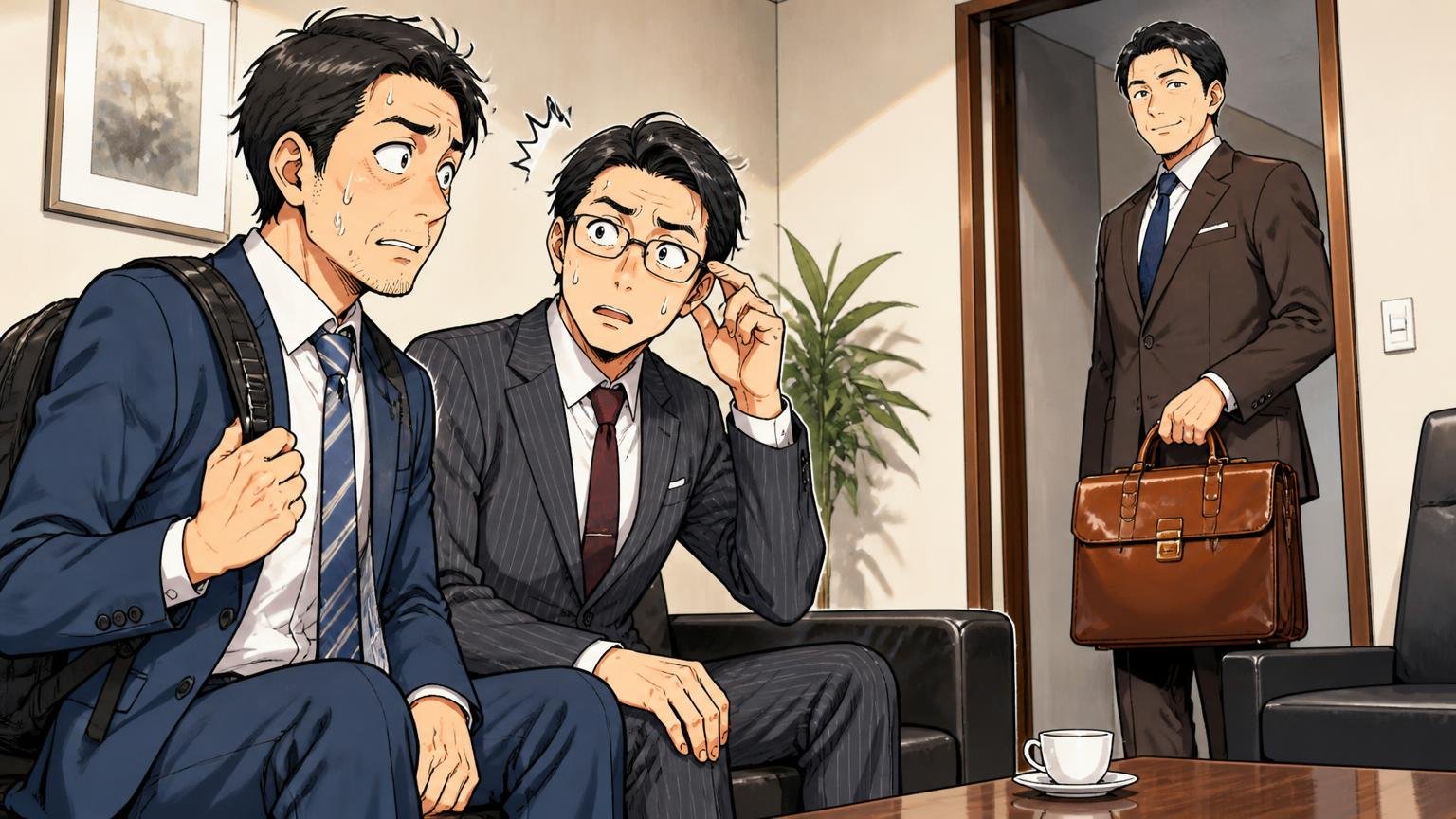 向いていない人:40代らしい革の落ち着きと、修理しながら長く使う1本が欲しい人取引先の応接室で革の鞄を持つ相手を見て自分のリュックを気にする40代男性2人の場面