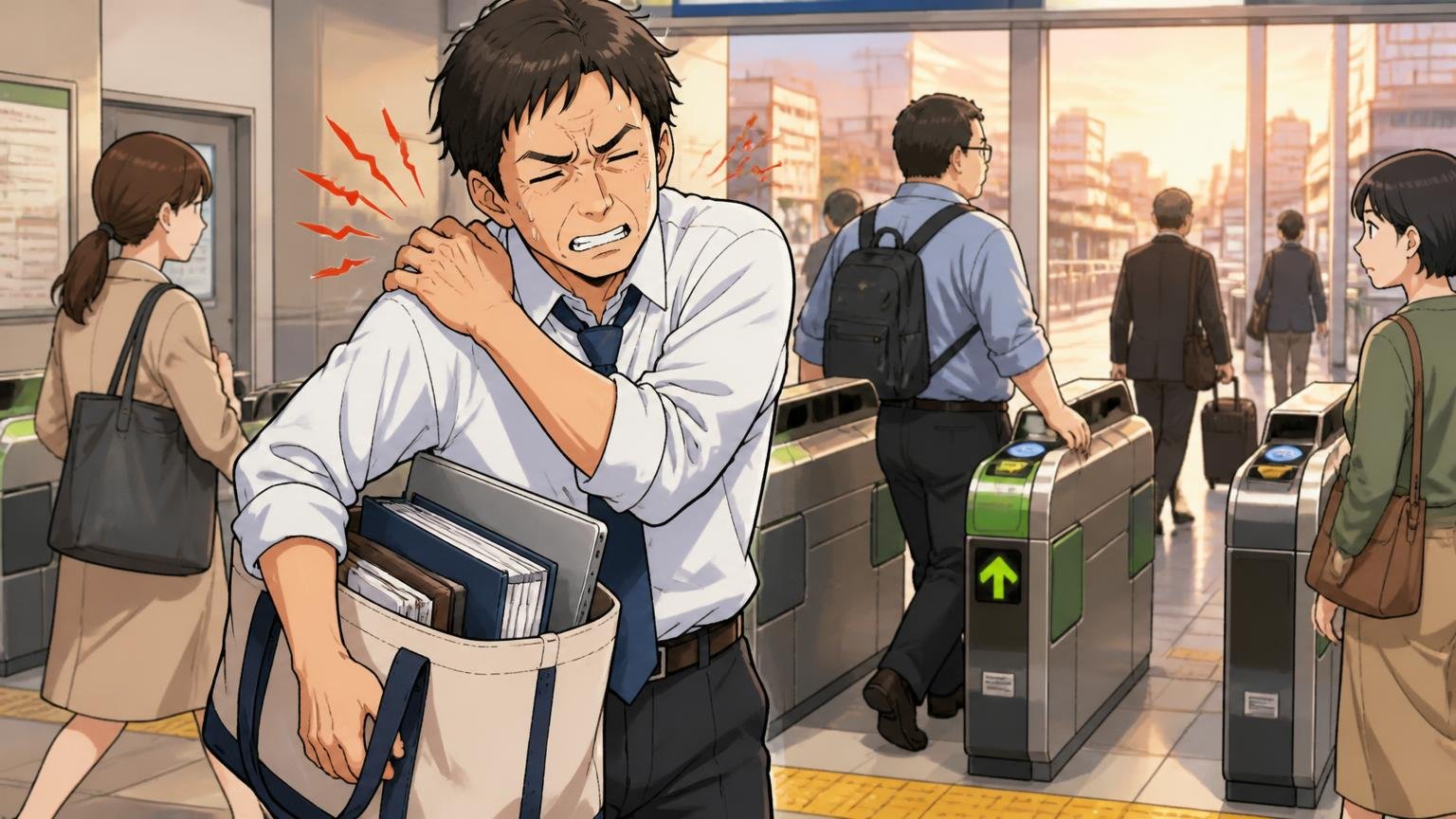 「重い・肩が痛い」はバッグではなく中身と持ち方の問題 夕方の駅の改札前でPC入りのトートを肩から下ろし肩をさする40代男性1人