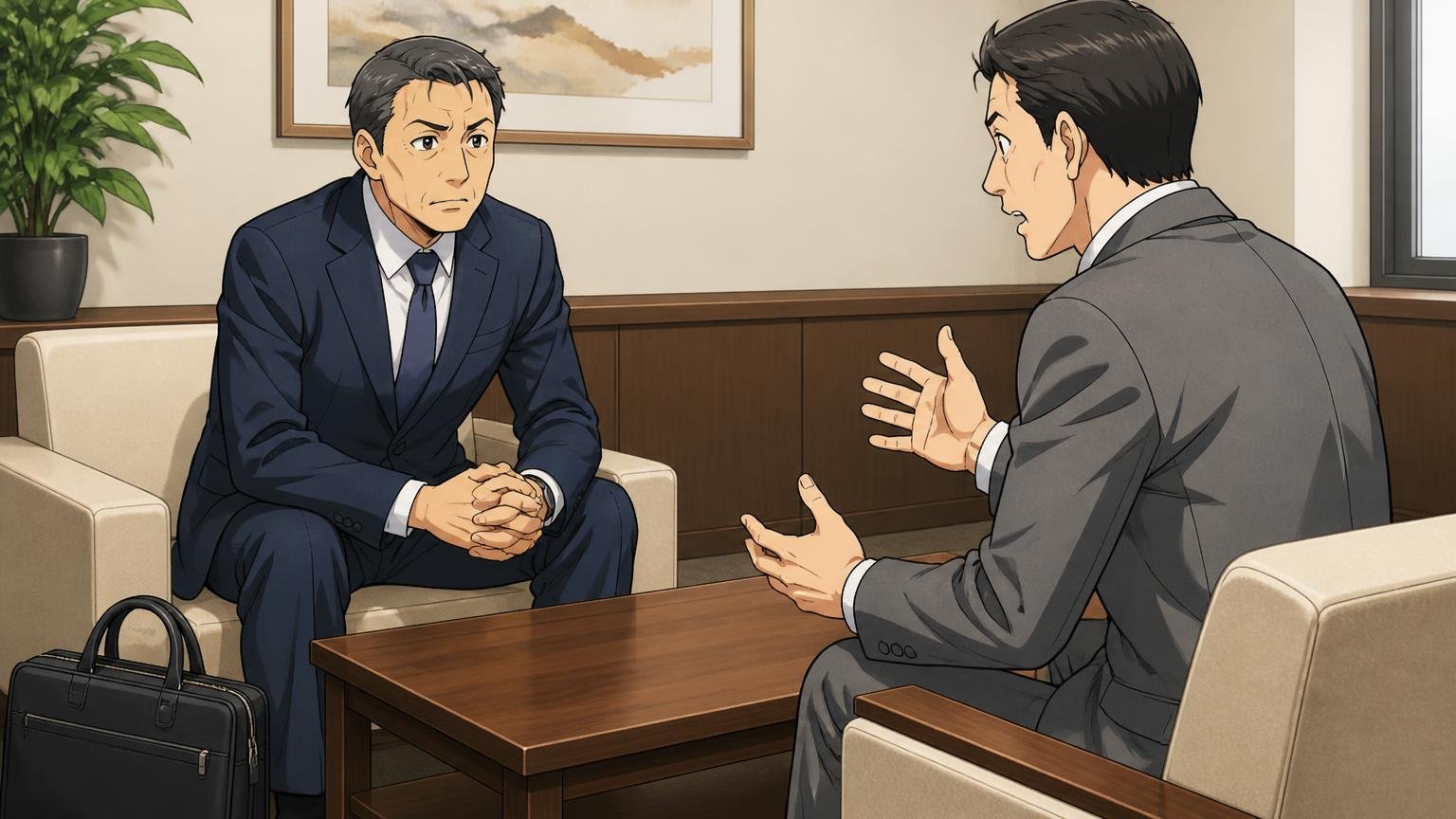向いていない人｜実物確認・国内修理・商談での端正さを重視 会社の応接室で取引先と向き合いバッグを足元に置く40代男性2人の場面
