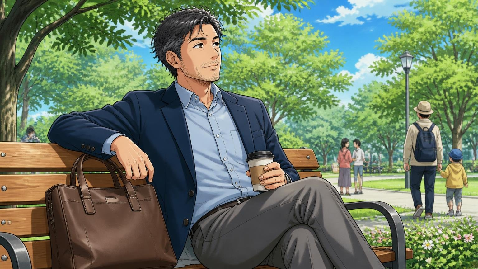 40代でも向いている人：休日用・出張のサブバッグとして持つ 休日の公園のベンチでジャケット姿で革トートを横に置く場面 40代男性1人がくつろぐ
