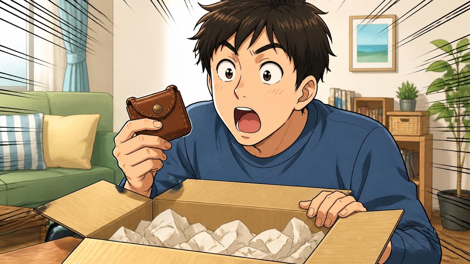 レビュー特典がある販売店の★は、少しだけ割り引いて読む 宅配便の箱を開け、小さな革小物のおまけを見つけて驚く男性1人