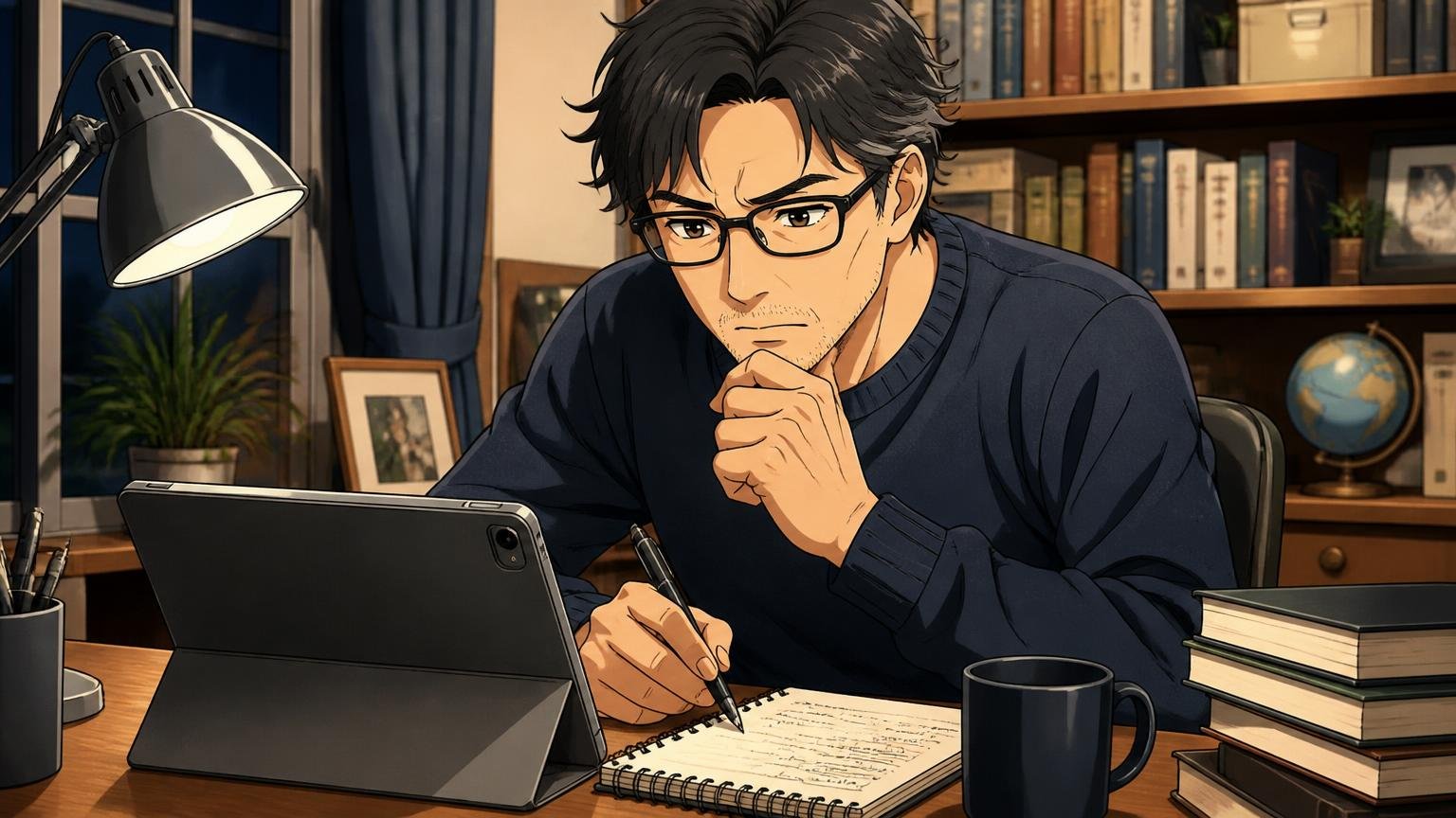 口コミは使用年数で読む。夜の書斎でタブレットの口コミを読み比べ、メモを取る40代男性1人