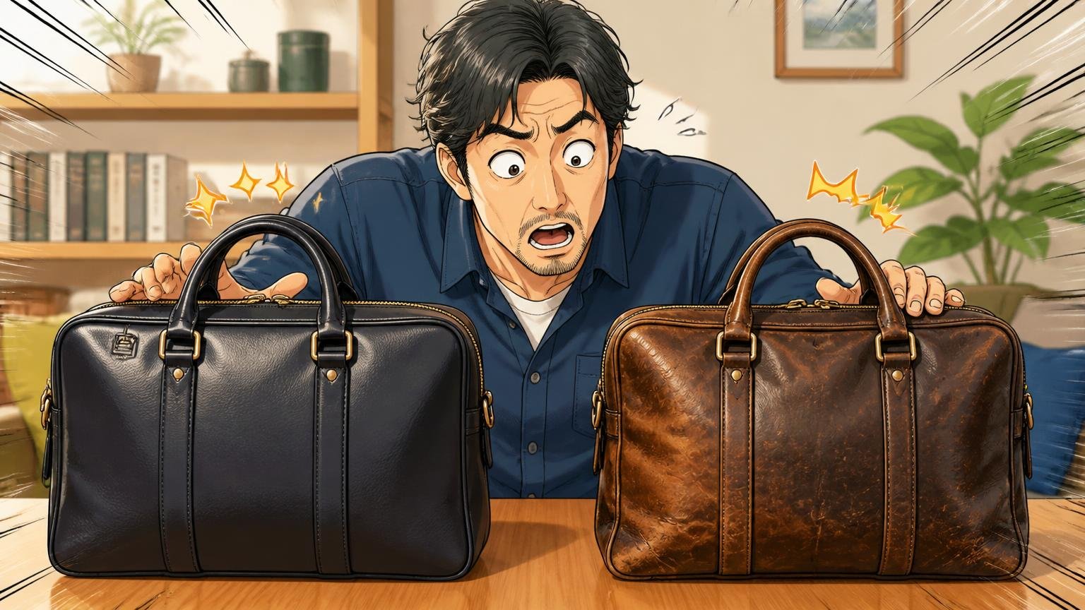 ワンダーバゲージの「革パーツの経年変化」と、革バッグの育ち方の違い　自宅のテーブルで40代男性が新品と使い込んだ2つのバッグを並べて見比べ驚く場面