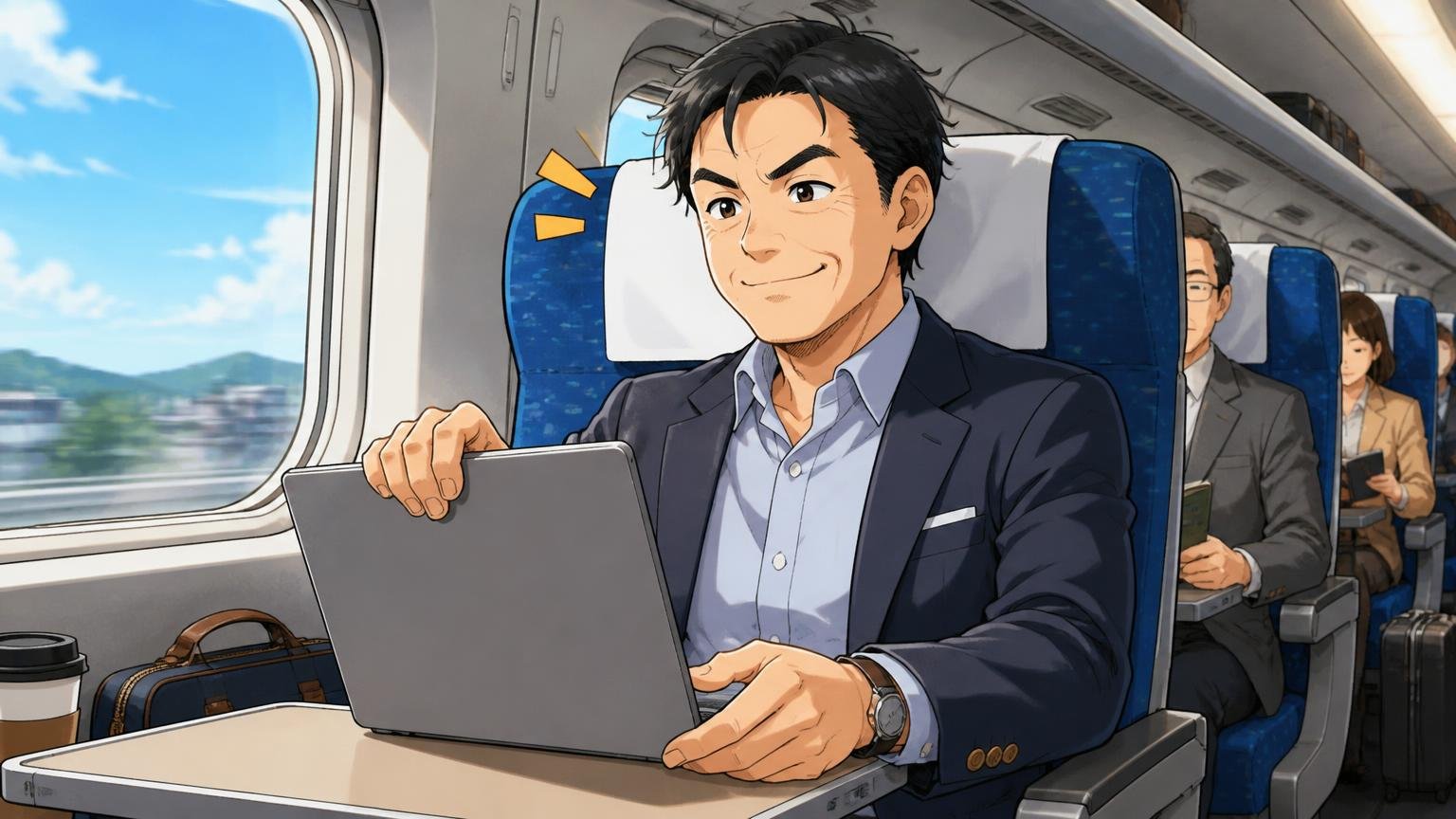 職業はジャケパン勤務の会社員、出張や外回りが多い営業職が中心、新幹線の座席でノートパソコンを取り出す40代の会社員男性1人が満足そうにうなずく場面