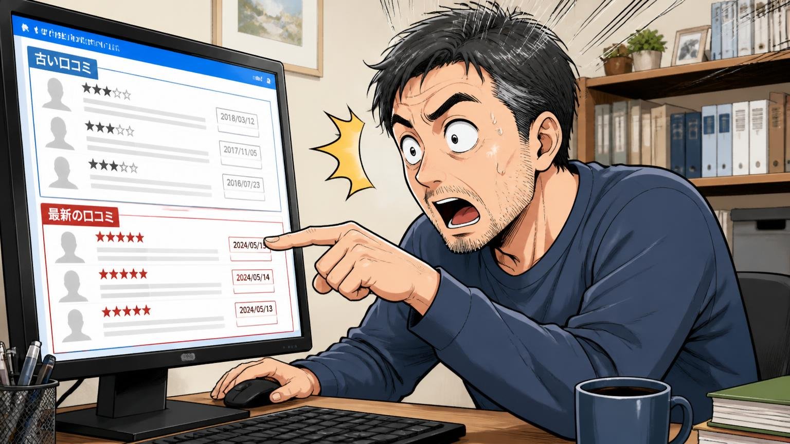 古い口コミと最新の口コミを分けて読む 書斎のパソコンでレビューの投稿日を指さして確かめる40代男性1人がハッとする場面