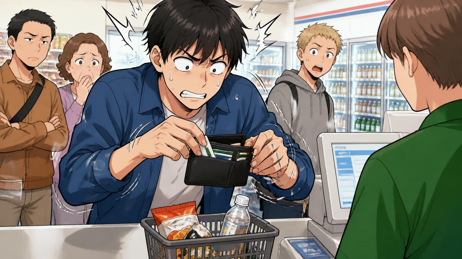 向いていない人、カードの出し入れや収納量や価格を重視する人、コンビニのレジ前で男性が硬い財布からカードを取り出せず焦る場面