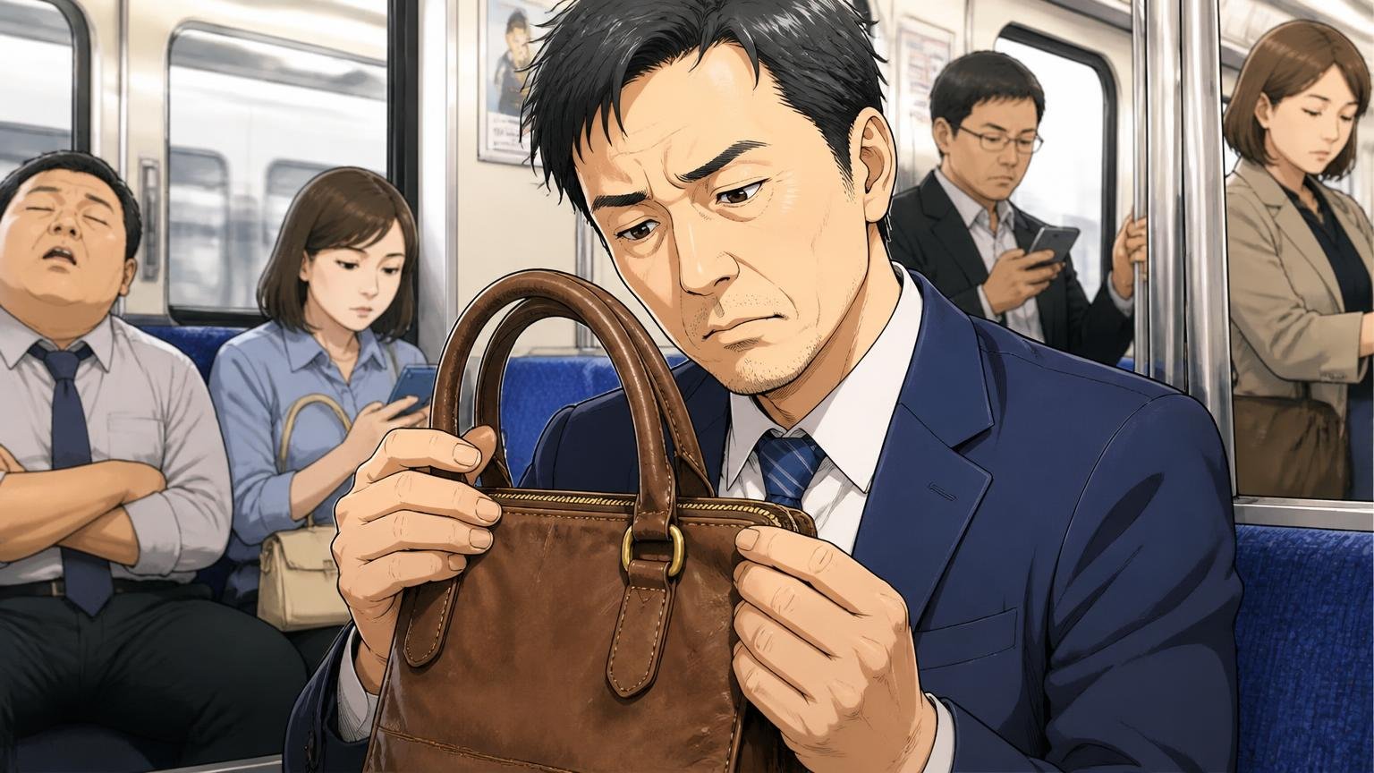 長期使用の声が語るのは「縫製・持ち手・ショルダーの根元」。通勤電車の座席で使い込んだ革バッグの持ち手を眺める40代男性1人
