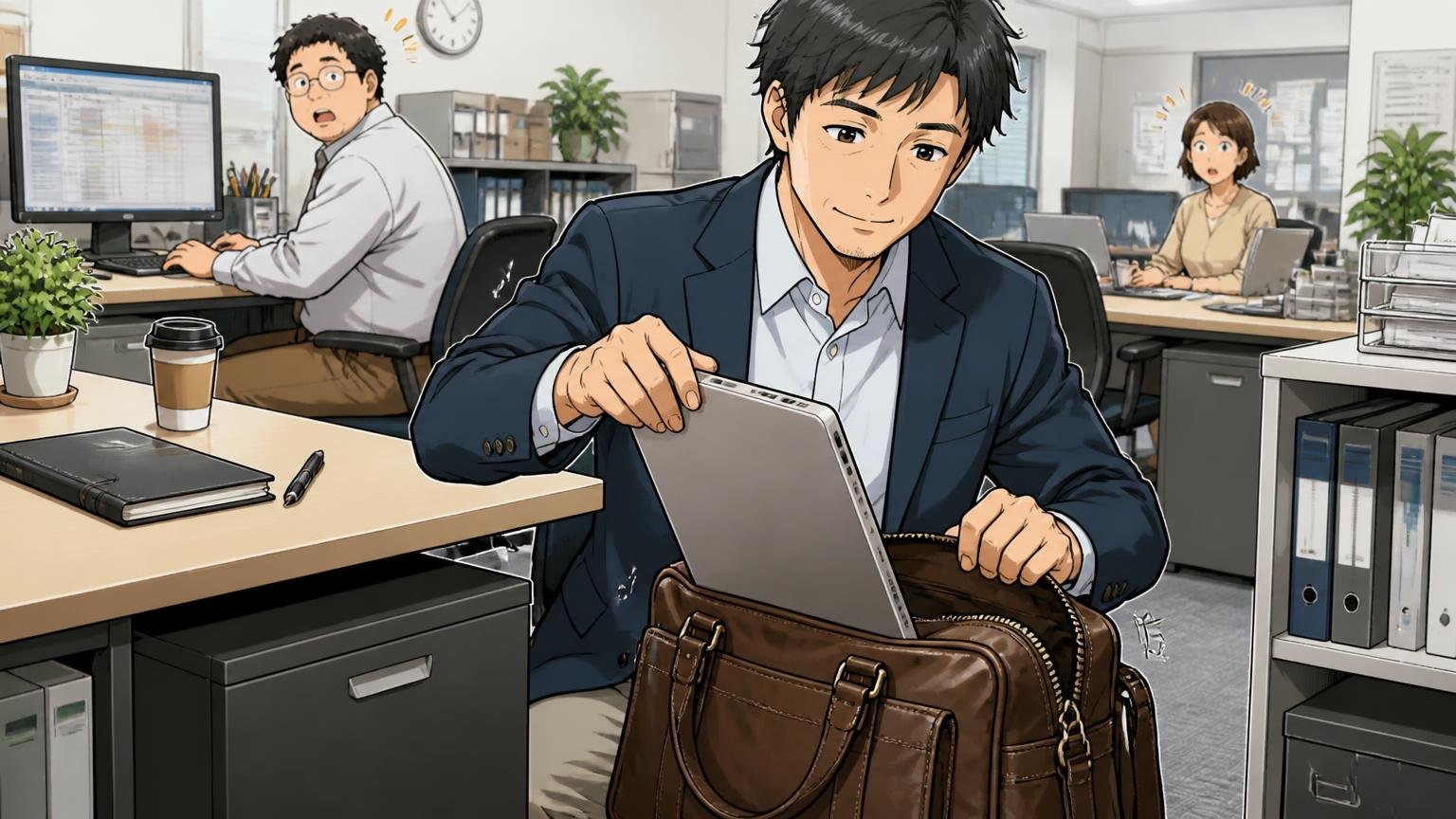 PC収納や自立など仕事で効く細かな機能 オフィスのデスク脇で40代男性が革バッグからノートPCを取り出す場面