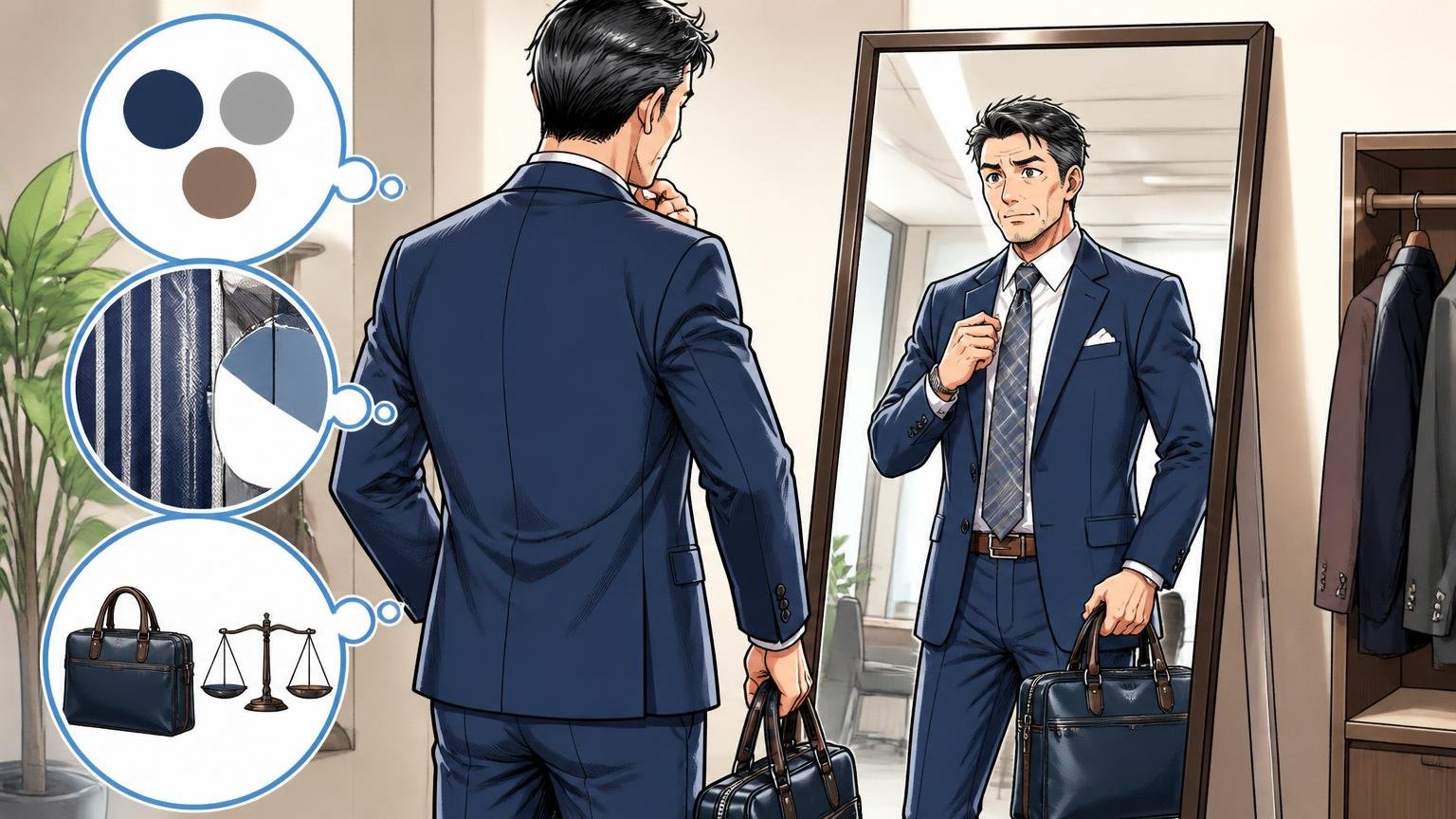 40代が浮かないための3つの条件（色・ストライプの面積・形と重さ）　オフィスの姿見の前で40代男性がバッグを持ってスーツとの相性を確かめる場面