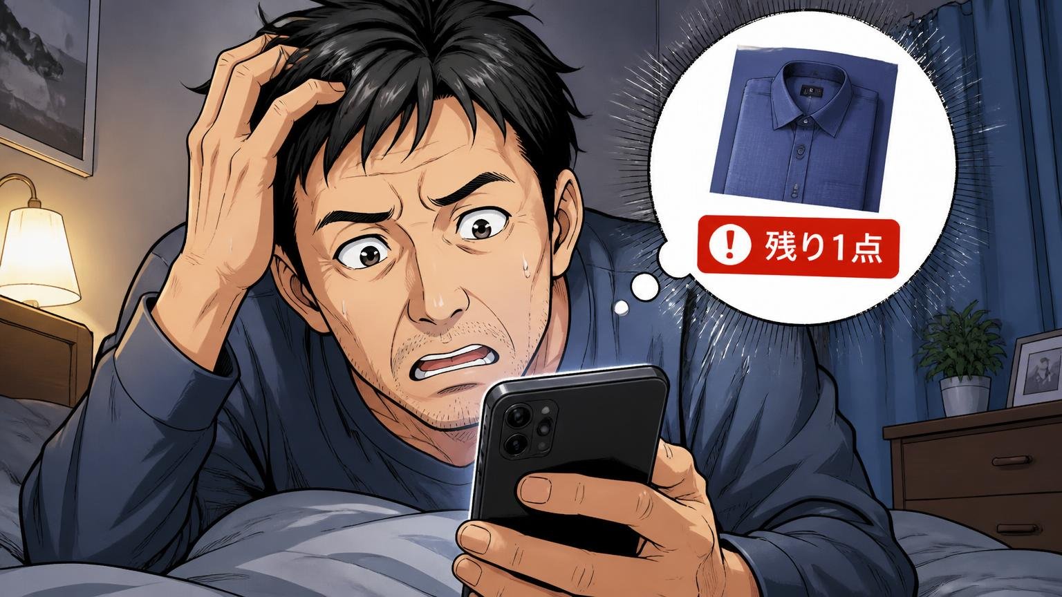 ポイントは商品ごとに2%〜10%、在庫は「残り1点」表示も 深夜の寝室でスマホの残り1点表示を見て頭をかいて迷う40代男性1人