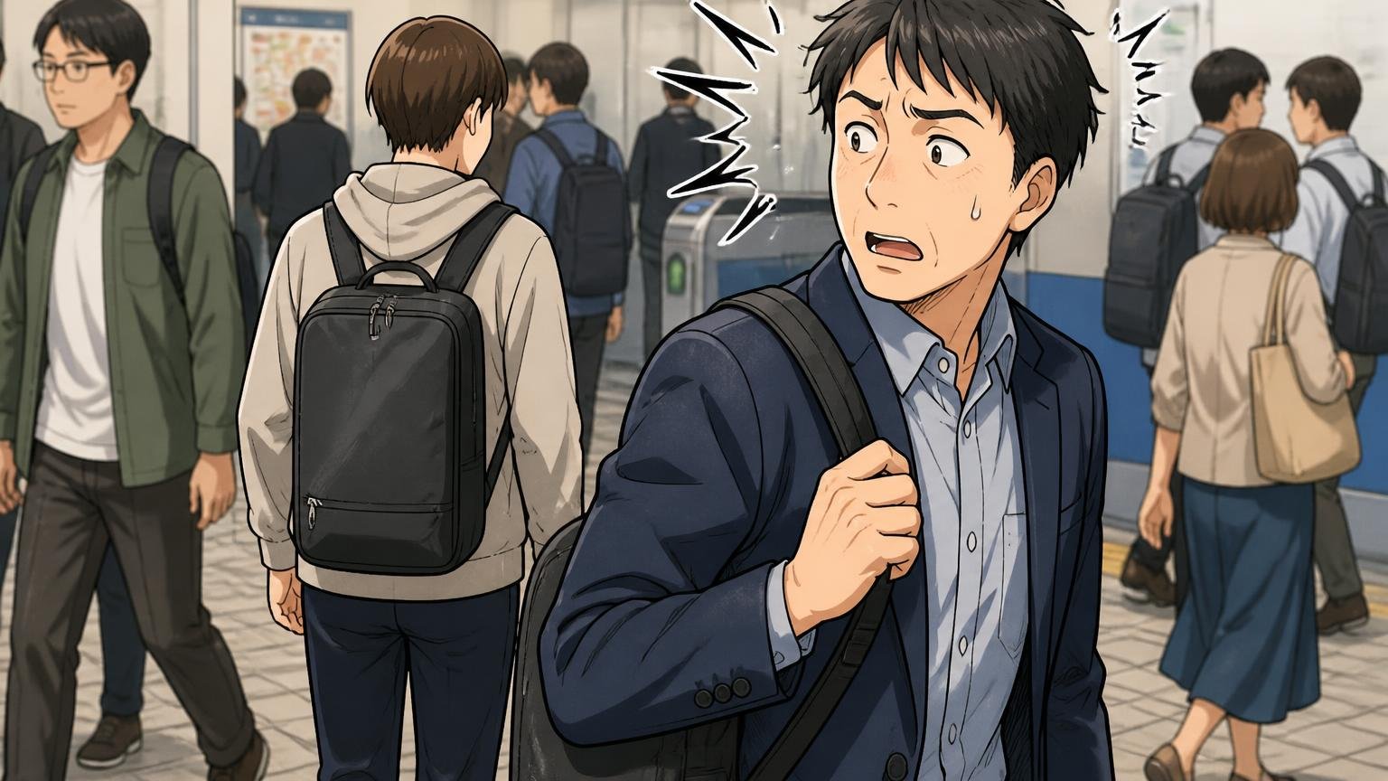 「学生っぽい」「人と被る」という40代の本音 朝の駅で学生と同じバッグを持っていることに気づき固まる40代男性1人の場面