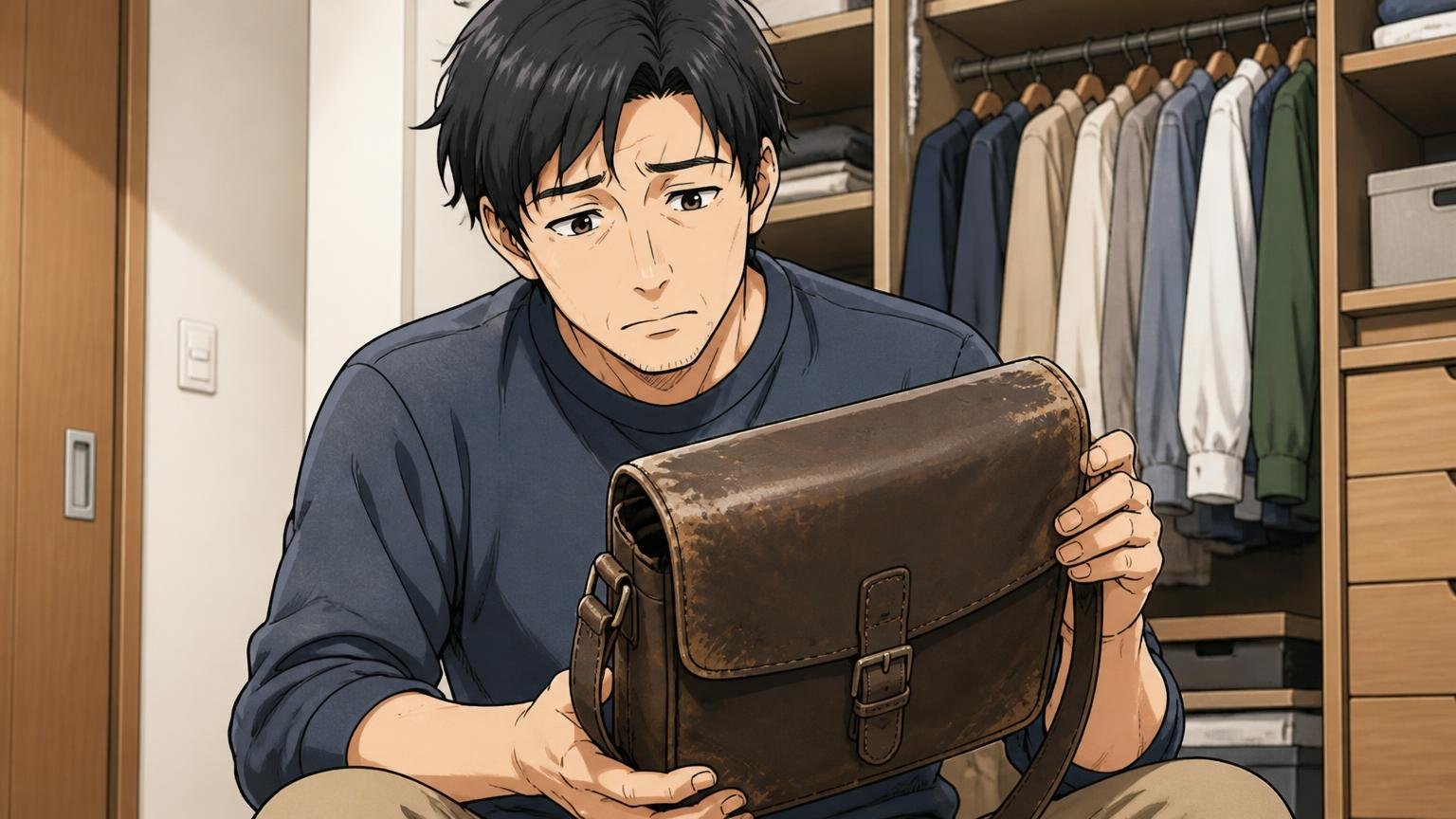 向いていない人:ロゴを主張せず、修理しながら10年単位で使いたい人 自宅のクローゼット前で角の擦れたバッグを見つめる男性1人