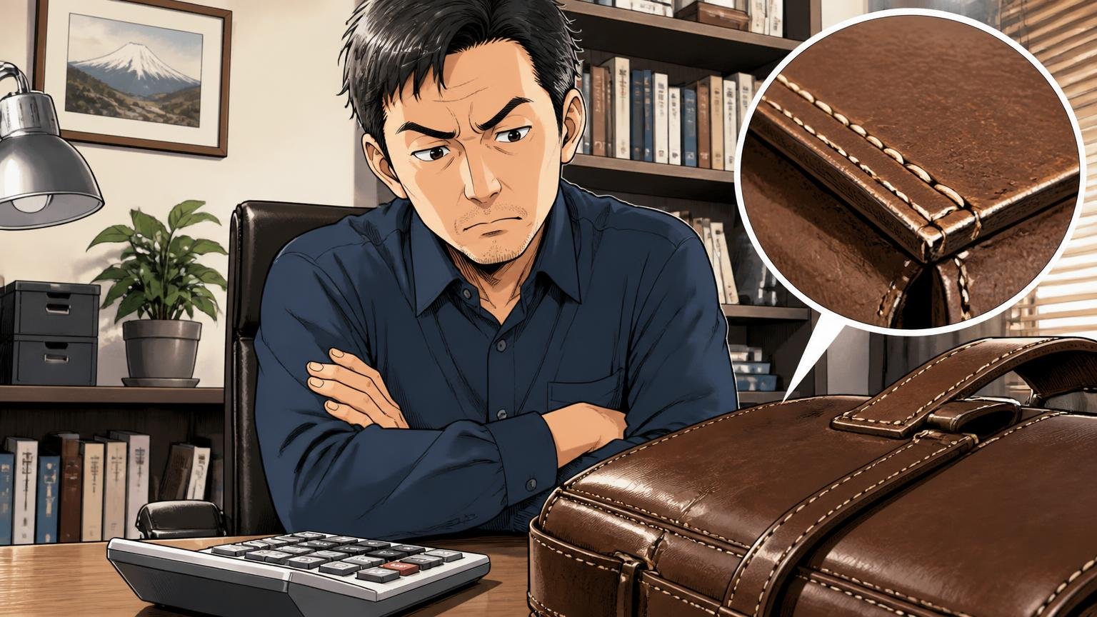 向いていない人:価格に見合う素材と縫製、日本での修理相談を重視する人 自宅の書斎で電卓と革バッグの縫い目を見比べて腕を組む40代男性1人の場面