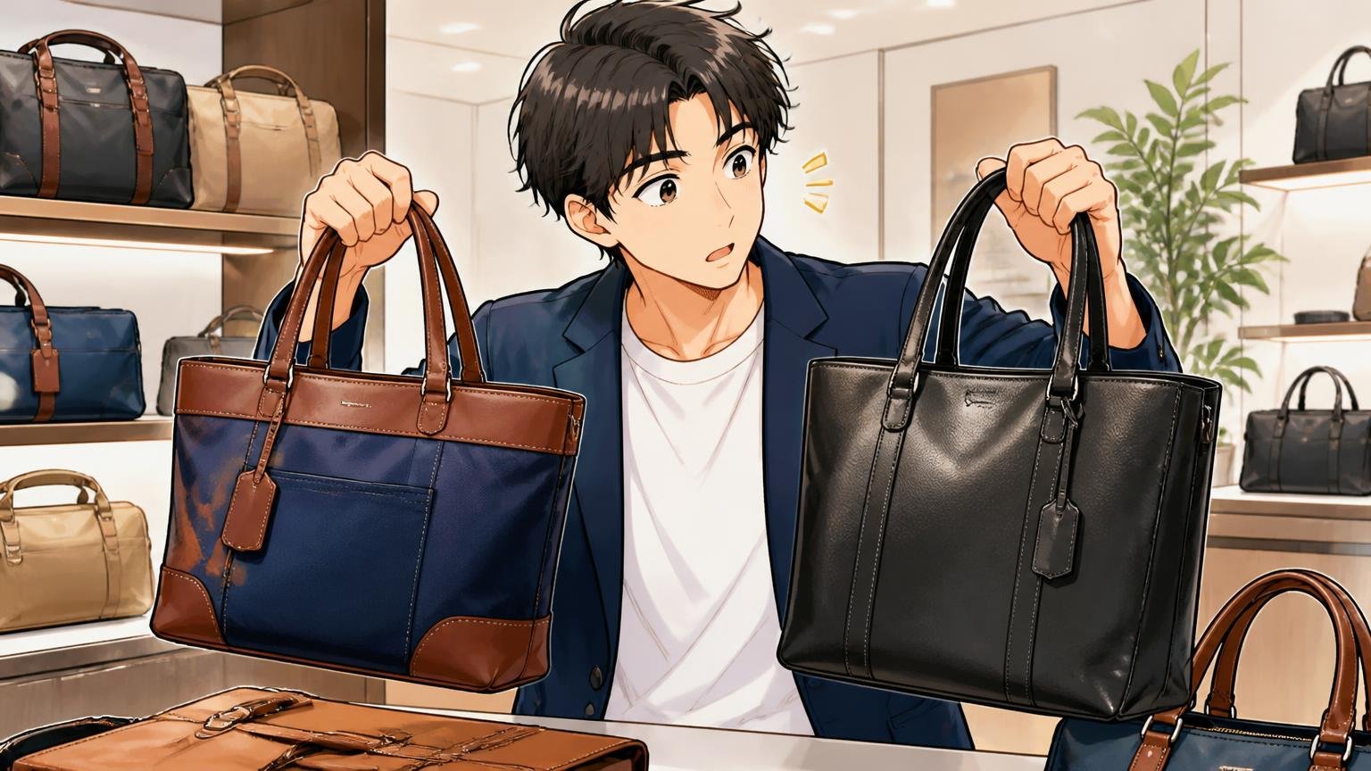本革を組み合わせた日本製ライン「LEOVGRAY（レオヴィグレイ）」もある ショールームで本革とナイロンのコンビバッグを見比べる男性1人