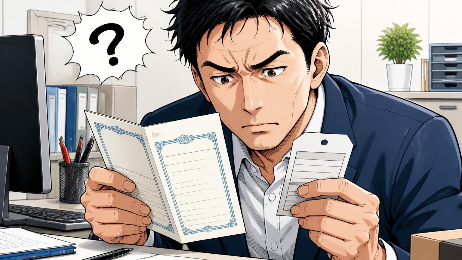 生産国・保証期間・修理の窓口と送料 オフィスのデスクで保証書と商品タグを見比べる40代男性1人が眉をひそめる場面