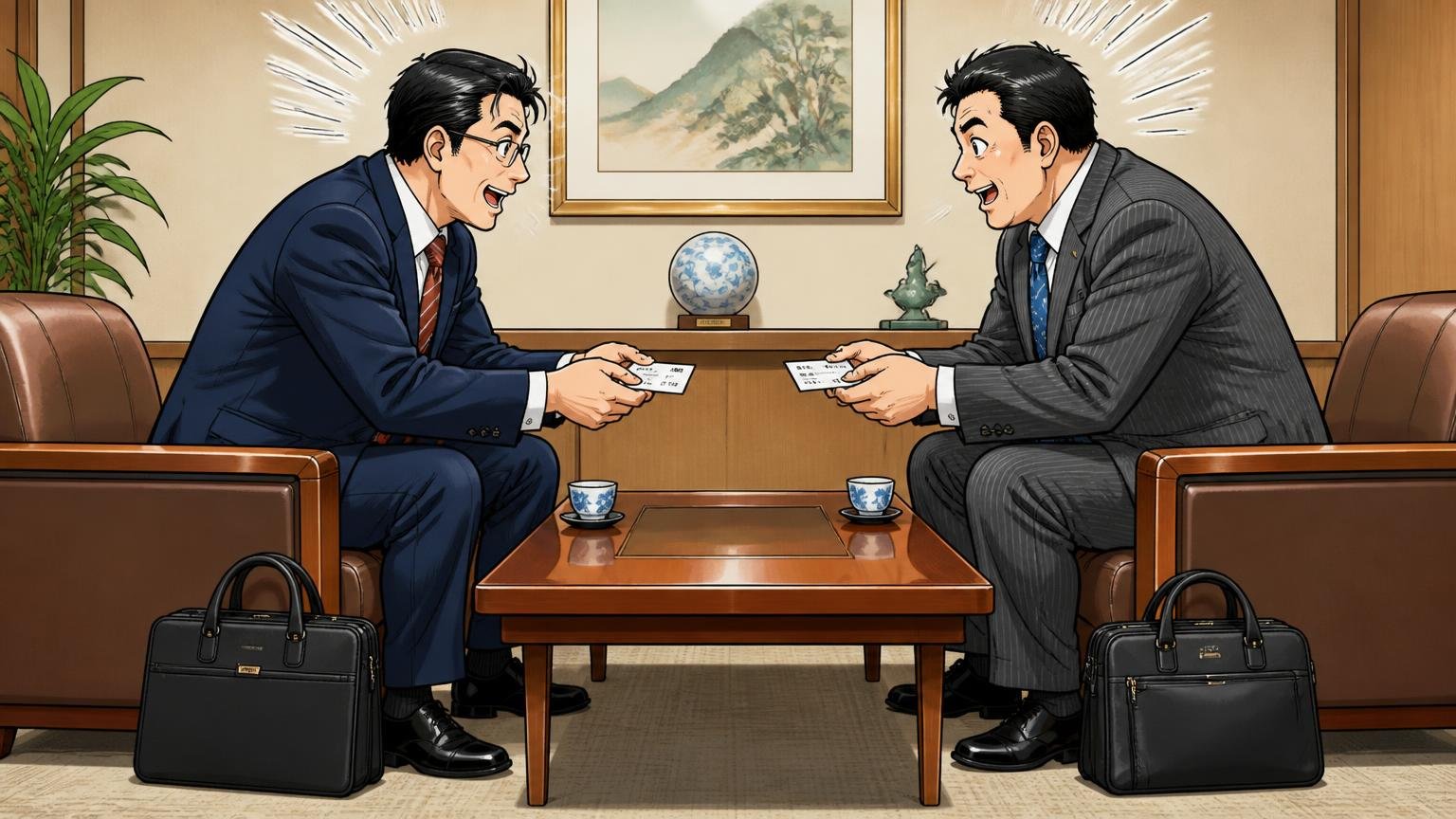 向いていない人：40代で商談・初対面の場が多い人 商談先の応接室で名刺交換をしながらバッグを足元に置く40代の男性2人