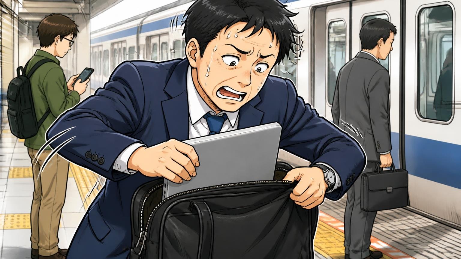 重さは1kg〜1.6kg台、パソコンは公式記載で13インチまで。通勤電車のホームで40代男性がノートパソコンをバッグに入れようとして焦る場面