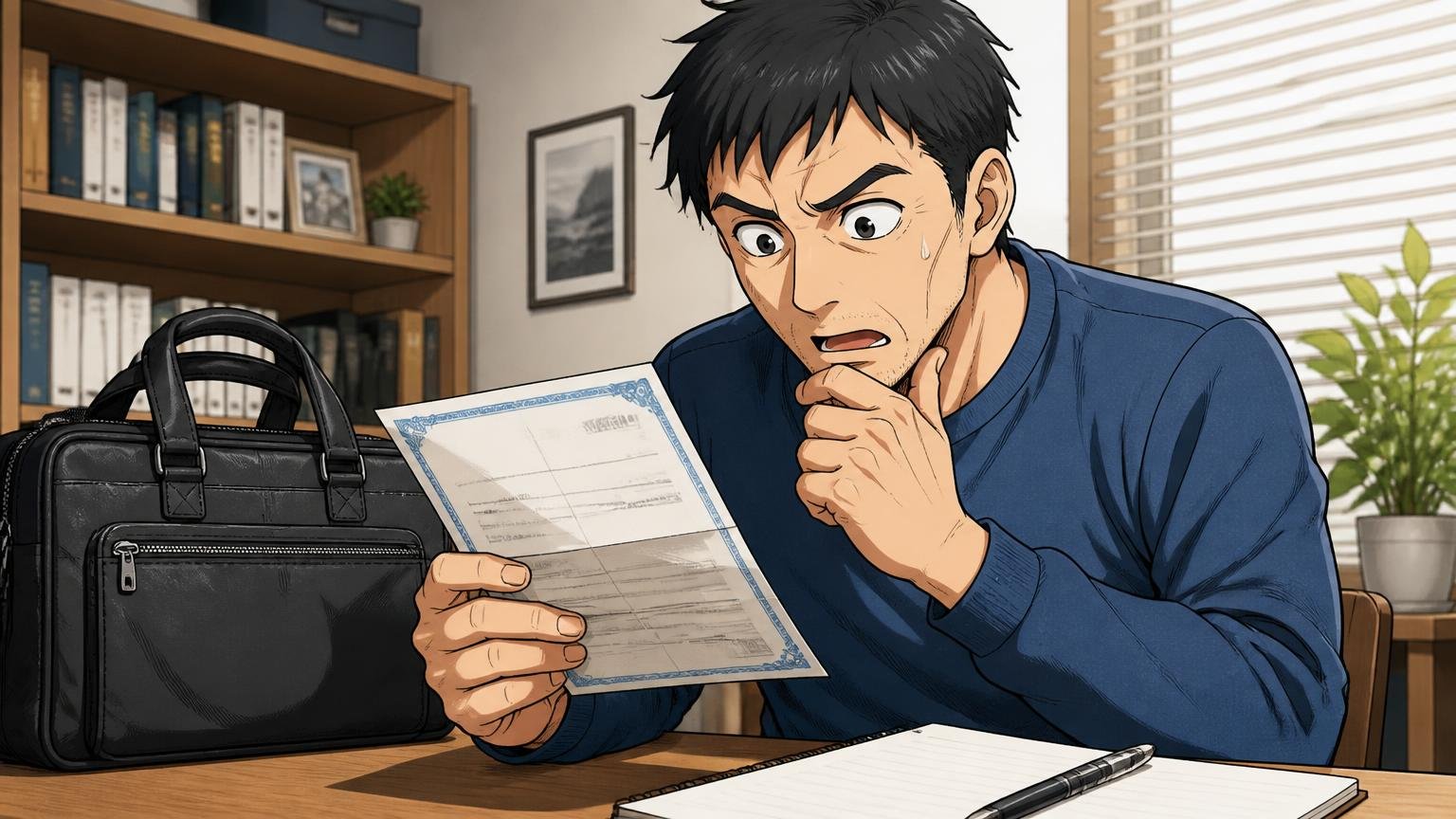 「1+10年保証」は手厚い、ただし2年目以降の対象外に注意 自宅の書斎で保証書とバッグを並べて確認する40代男性1人