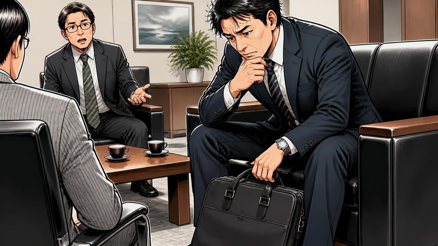 向いていない人:40代の「仕事の顔」として、本革の質感と長く使える安心が欲しい人 応接室で取引先と向き合う40代男性1人が足元のバッグを気にする場面