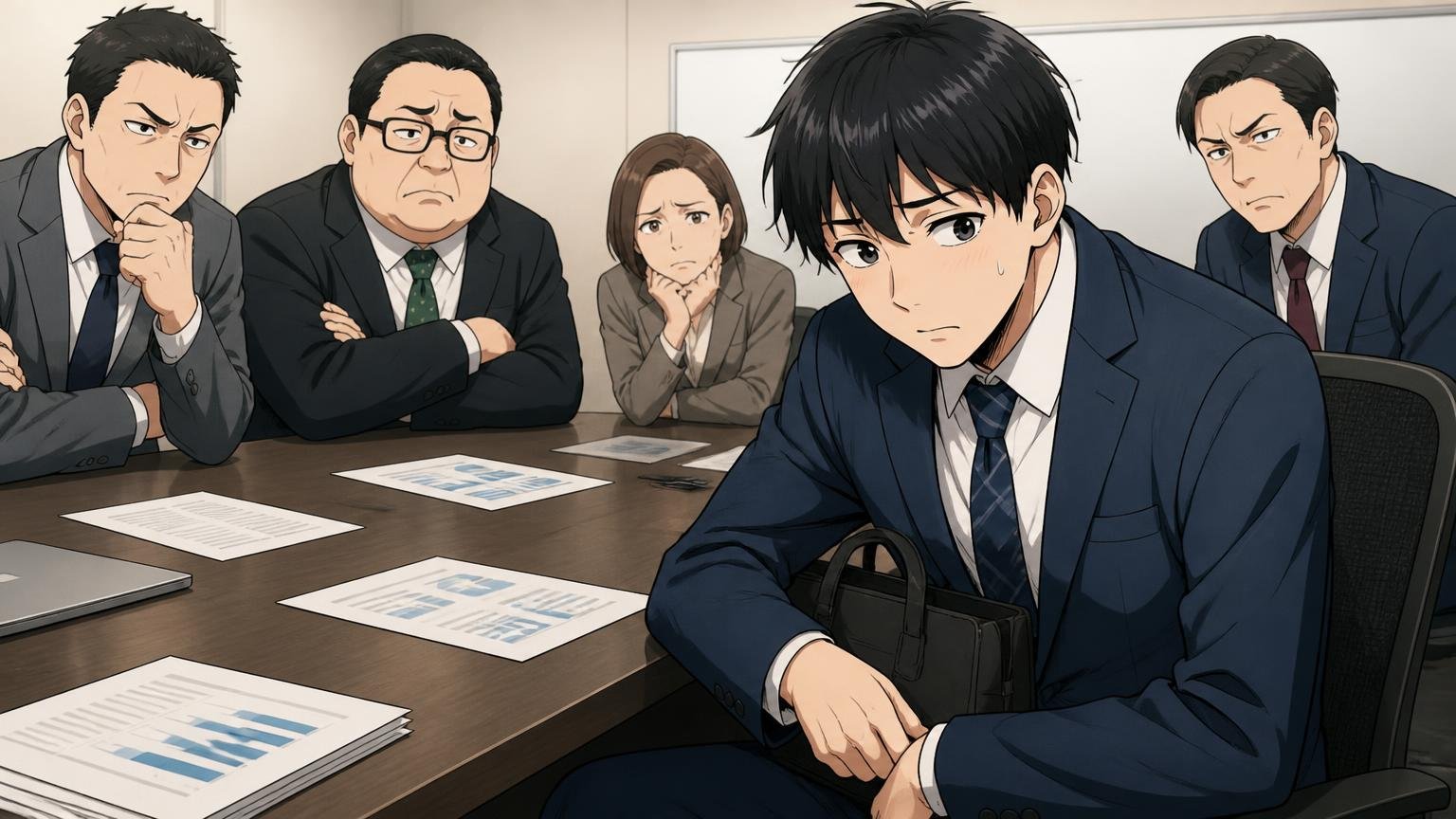 向いていない人の特徴 堅い雰囲気の会議室で手元のバッグをそっと隠す営業職の男性1人