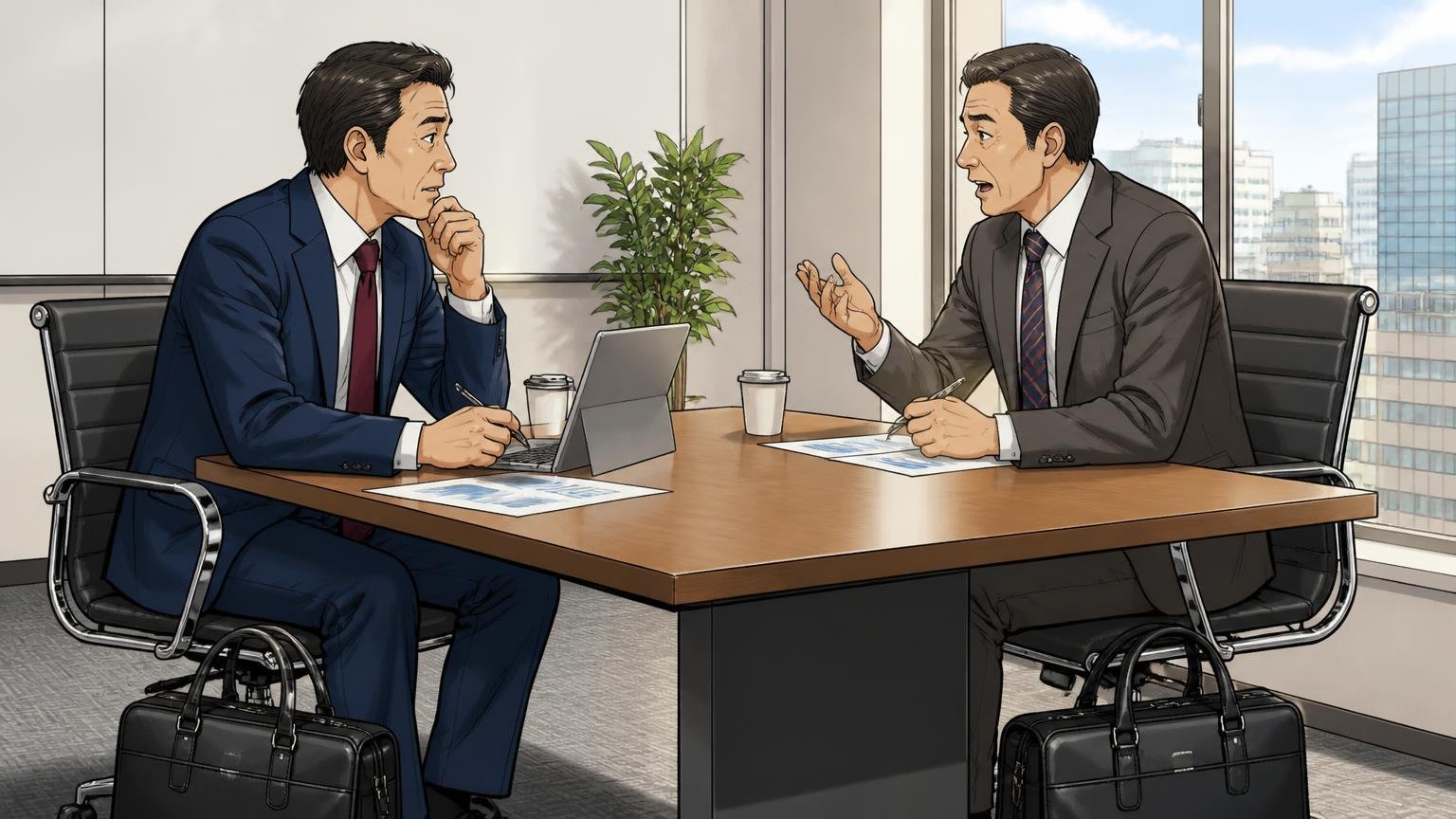 向いていない人は「10年単位で付き合う1本を求める人」 取引先の会議室で革のビジネスバッグを足元に置き商談する40代男性2人
