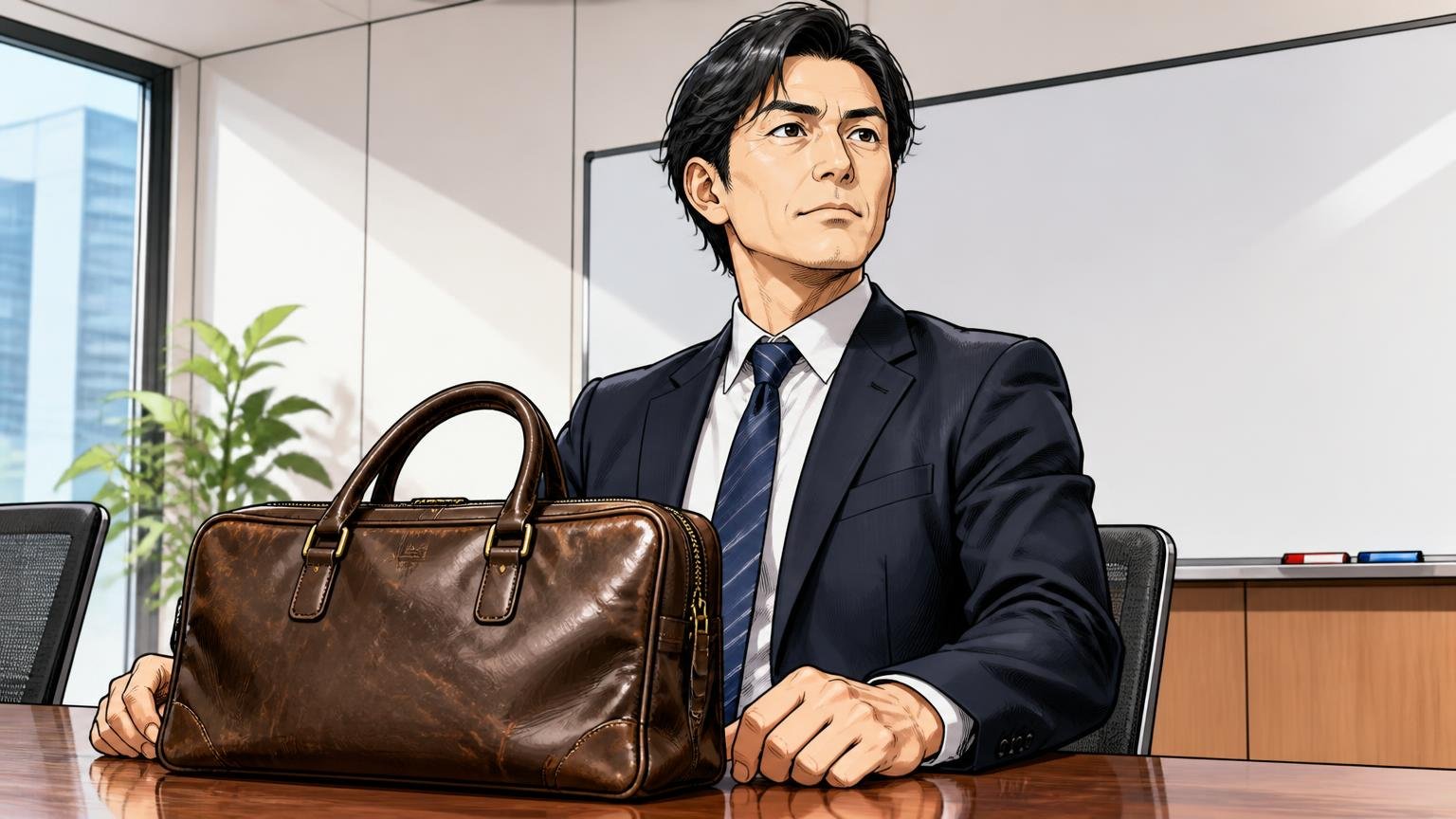 向いていない人は「40代の通勤で10年付き合う本革の1本がほしい人」商談前の会議室で使い込んだ革のバッグを机に置き背筋を伸ばす40代男性1人の場面