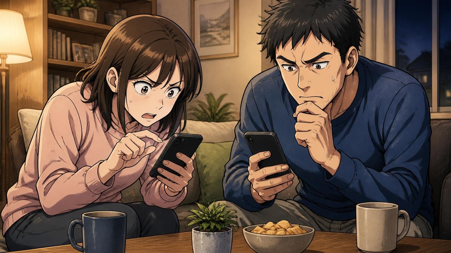 通販レビューは「買った直後」の声が中心になりやすい、夜のリビングでスマホのレビュー画面を真剣にスクロールする女性1人と男性1人