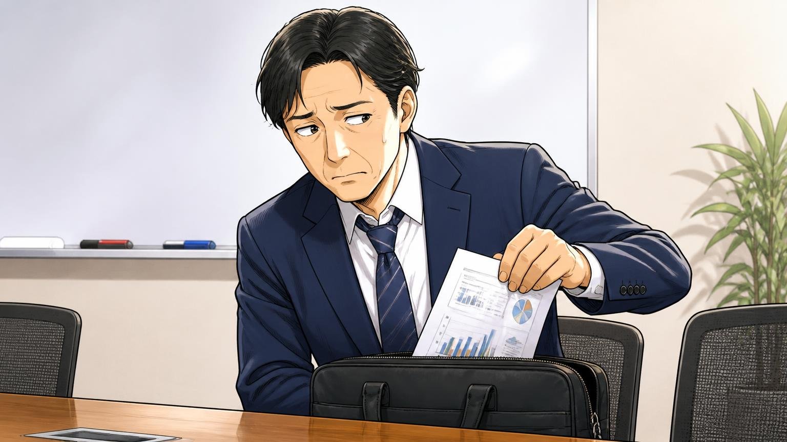 向いていない人｜40代で「見られ方」と「長く使うこと」を重視する人 商談の会議室でバッグから資料を出す場面 40代男性1人が気まずそうに目をそらす